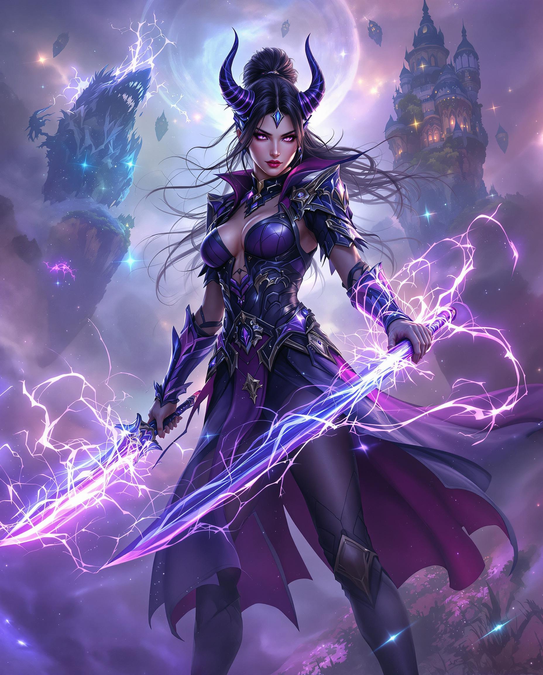 A breathtaking, photorealistic digital painting of a powerful female warrior exuding fantasy and strength, captured in a dynamic pose that radiates energy and movement. She wears a striking black and purple high-collared jacket and horned headpiece, adorned with sparkling, glowing accents, wielding a translucent, magical sword with swirling energy tendrils, set against a misty, ethereal landscape of floating islands and otherworldly creatures. The vivid palette of purples, pinks, blues, and blacks, enhanced by cinematic lighting and shadow, creates an intense, otherworldly drama in stunning 8K detail.