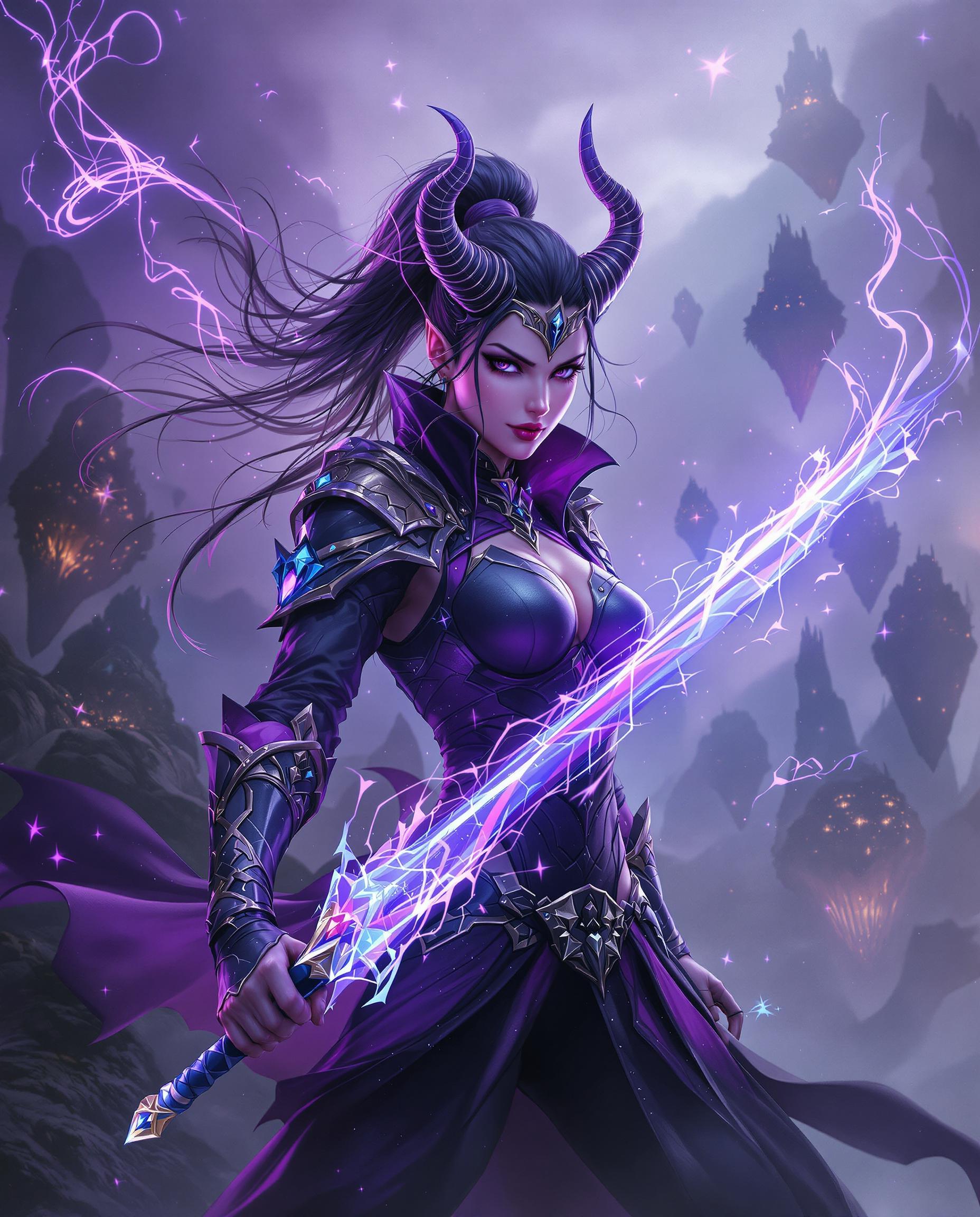 A breathtaking, photorealistic digital painting of a powerful female warrior exuding fantasy and strength, captured in a dynamic pose that radiates energy and movement. She wears a striking black and purple high-collared jacket and horned headpiece, adorned with sparkling, glowing accents, wielding a translucent, magical sword with swirling energy tendrils, set against a misty, ethereal landscape of floating islands and otherworldly creatures. The vivid palette of purples, pinks, blues, and blacks, enhanced by cinematic lighting and shadow, creates an intense, otherworldly drama in stunning 8K detail.