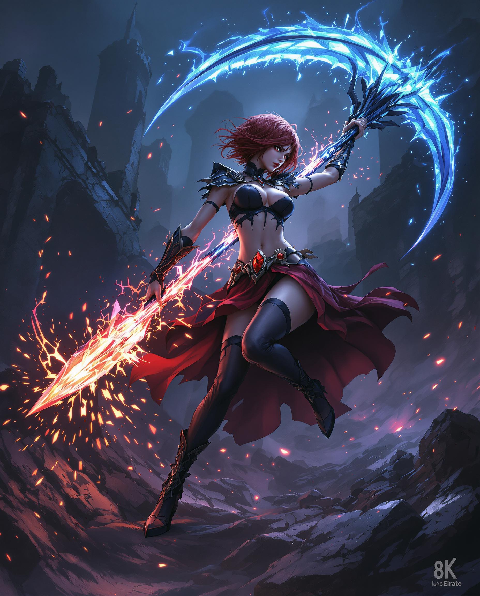 A striking digital painting of a fierce female warrior with short, fiery red hair, captured in a dynamic pose as she wields a massive, glowing crystalline scythe that emits an ethereal blue light. Her detailed black and red outfit, complete with a skirt, thigh-high stockings, and ornate heeled boots adorned with a red gem, contrasts vividly against a dark, otherworldly cityscape of ruins, illuminated by sparks and embers. The scene is enriched with rich blues and purples for a nighttime ambiance, punctuated by warm oranges and reds, with dramatic lighting from the weapon casting a mesmerizing glow on her and the surrounding flame-like crystal particles, enhancing the sense of motion and energy in 8K detail.