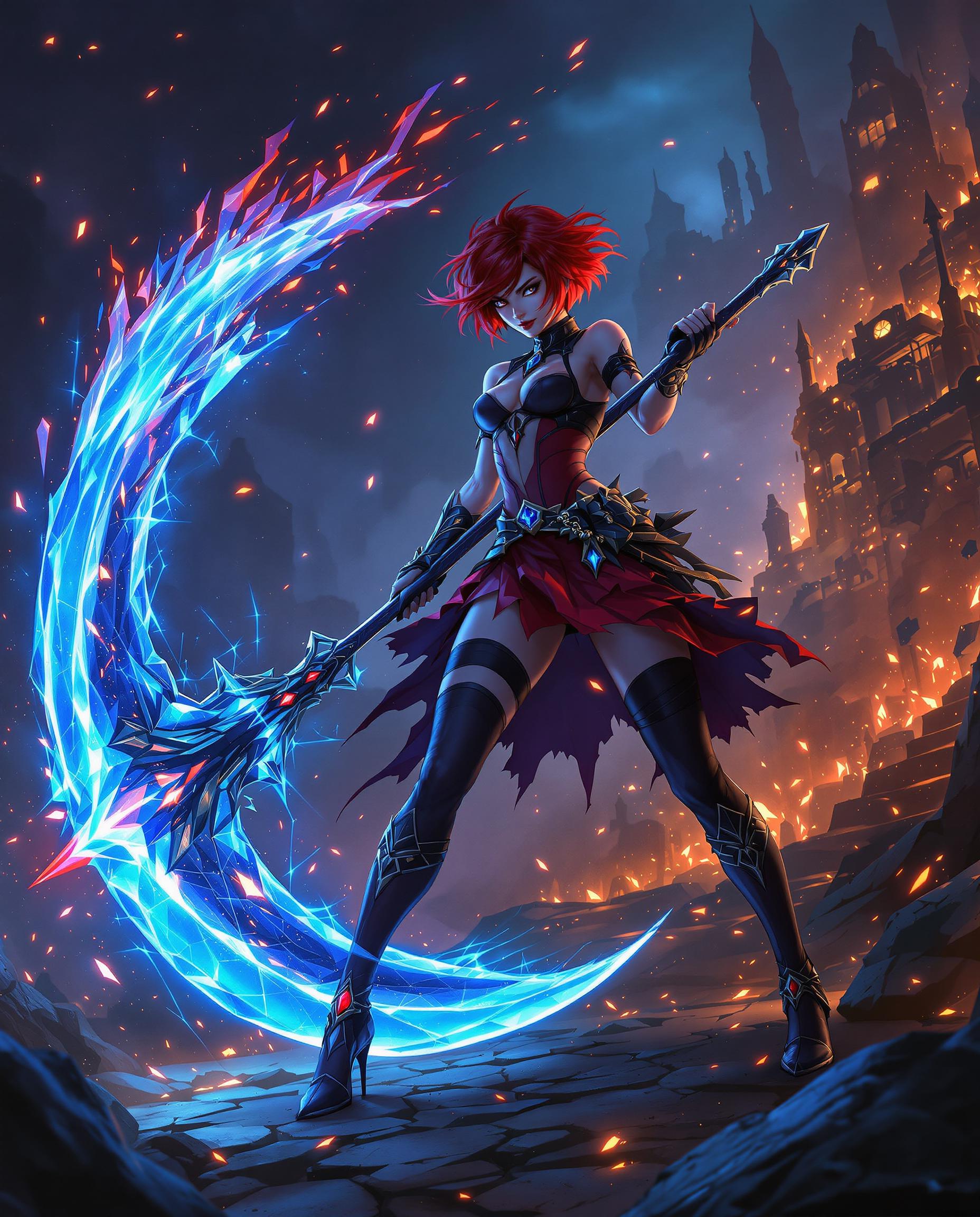 A striking digital painting of a fierce female warrior with short, fiery red hair, captured in a dynamic pose as she wields a massive, glowing crystalline scythe that emits an ethereal blue light. Her detailed black and red outfit, complete with a skirt, thigh-high stockings, and ornate heeled boots adorned with a red gem, contrasts vividly against a dark, otherworldly cityscape of ruins, illuminated by sparks and embers. The scene is enriched with rich blues and purples for a nighttime ambiance, punctuated by warm oranges and reds, with dramatic lighting from the weapon casting a mesmerizing glow on her and the surrounding flame-like crystal particles, enhancing the sense of motion and energy in 8K detail.