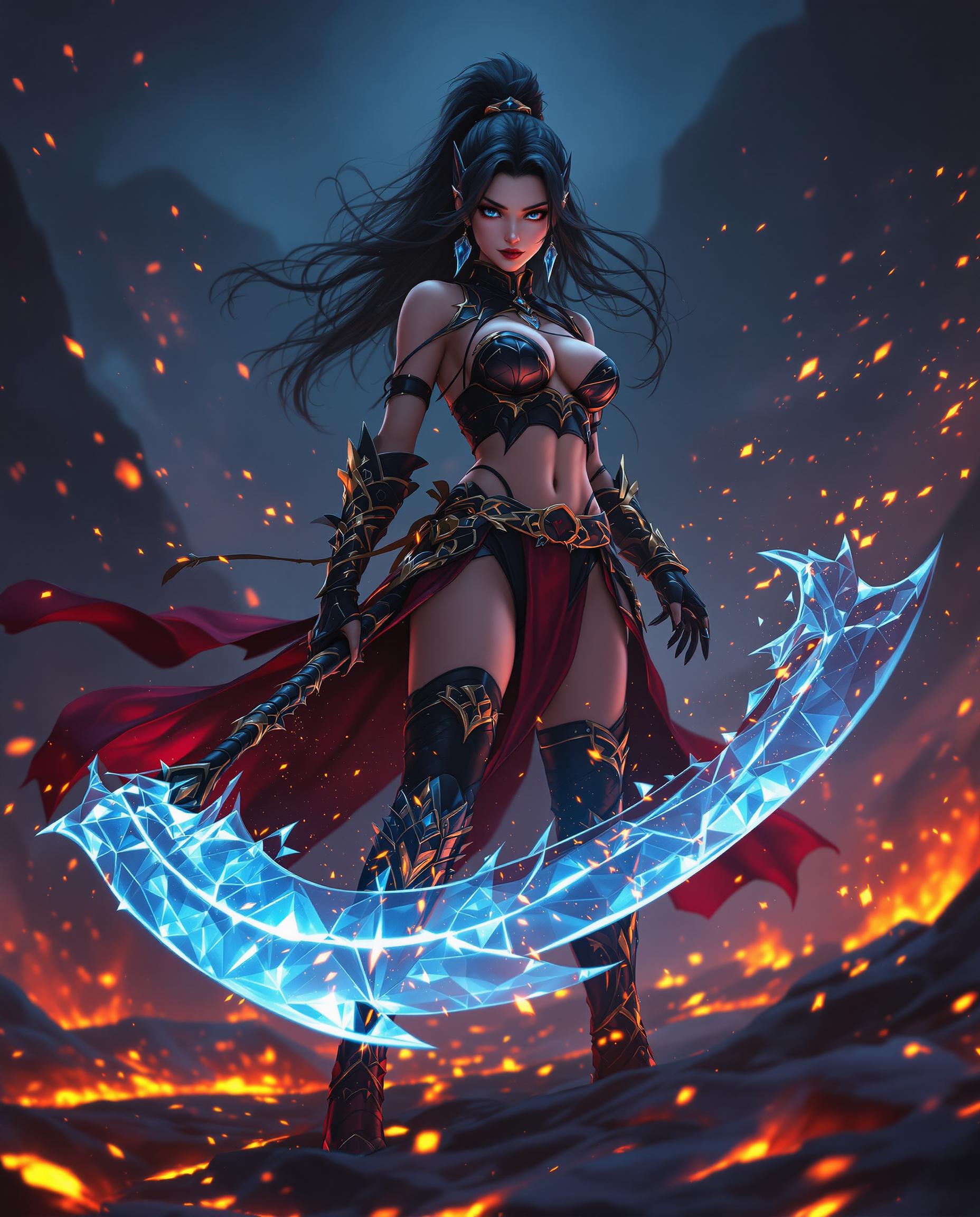A close-up, photorealistic portrait of a powerful female warrior exudes fantasy and strength, captured as if through a DSLR camera with a 50 mm lens and shallow depth of field. Her black and red outfit with gold-accented boots and thigh-high stockings contrasts vividly against a dark background of deep blues and purples, while her translucent, icy blue scythe with jagged edges glows with dynamic sparks and embers, reflecting cinematic lighting over a molten lava ground. The scene bursts with rich, warm foreground tones, dramatic shadows, and seamless digital painting detail in 8K resolution, amplifying the chaos and elemental energy.