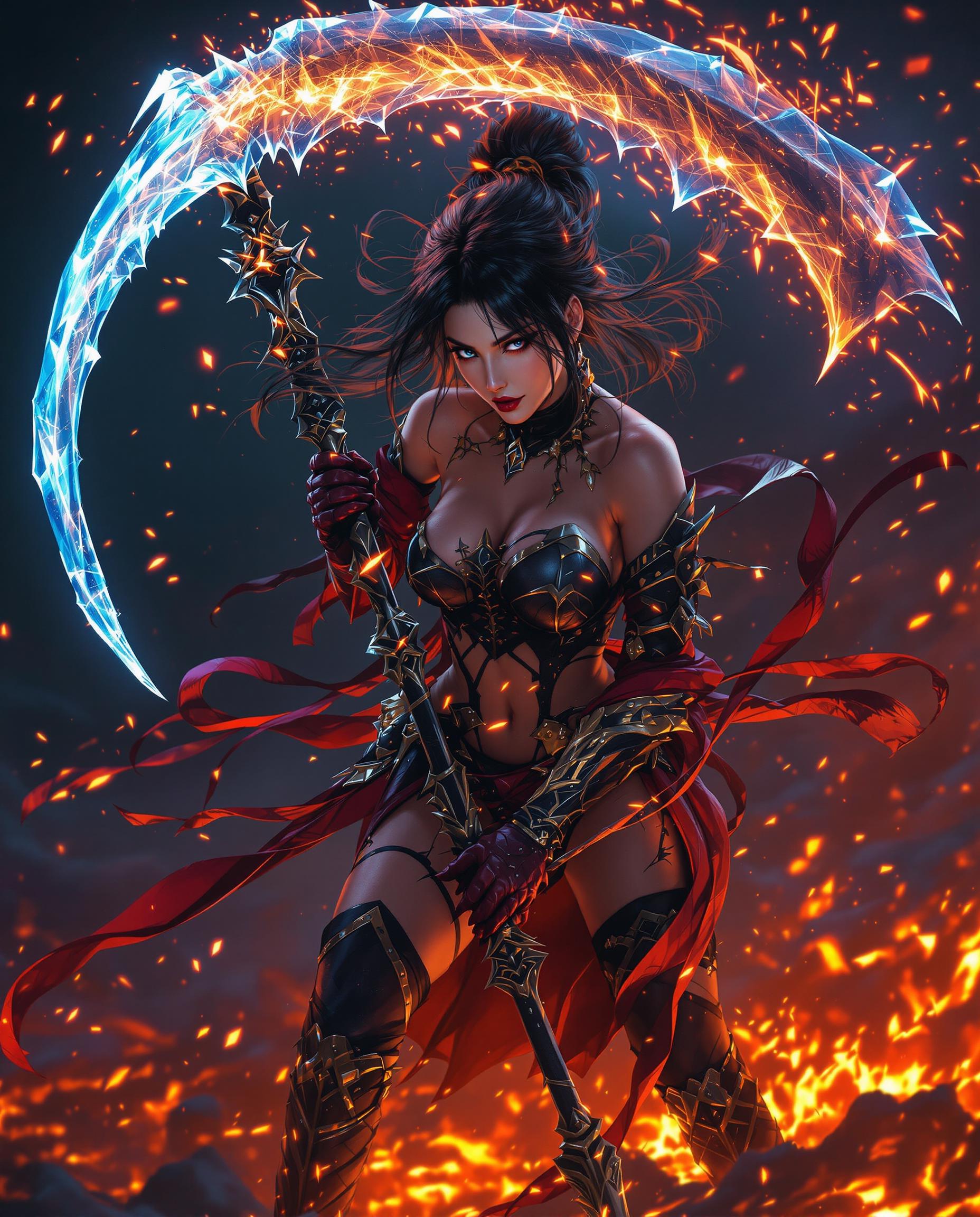 A close-up, photorealistic portrait of a powerful female warrior exudes fantasy and strength, captured as if through a DSLR camera with a 50 mm lens and shallow depth of field. Her black and red outfit with gold-accented boots and thigh-high stockings contrasts vividly against a dark background of deep blues and purples, while her translucent, icy blue scythe with jagged edges glows with dynamic sparks and embers, reflecting cinematic lighting over a molten lava ground. The scene bursts with rich, warm foreground tones, dramatic shadows, and seamless digital painting detail in 8K resolution, amplifying the chaos and elemental energy.