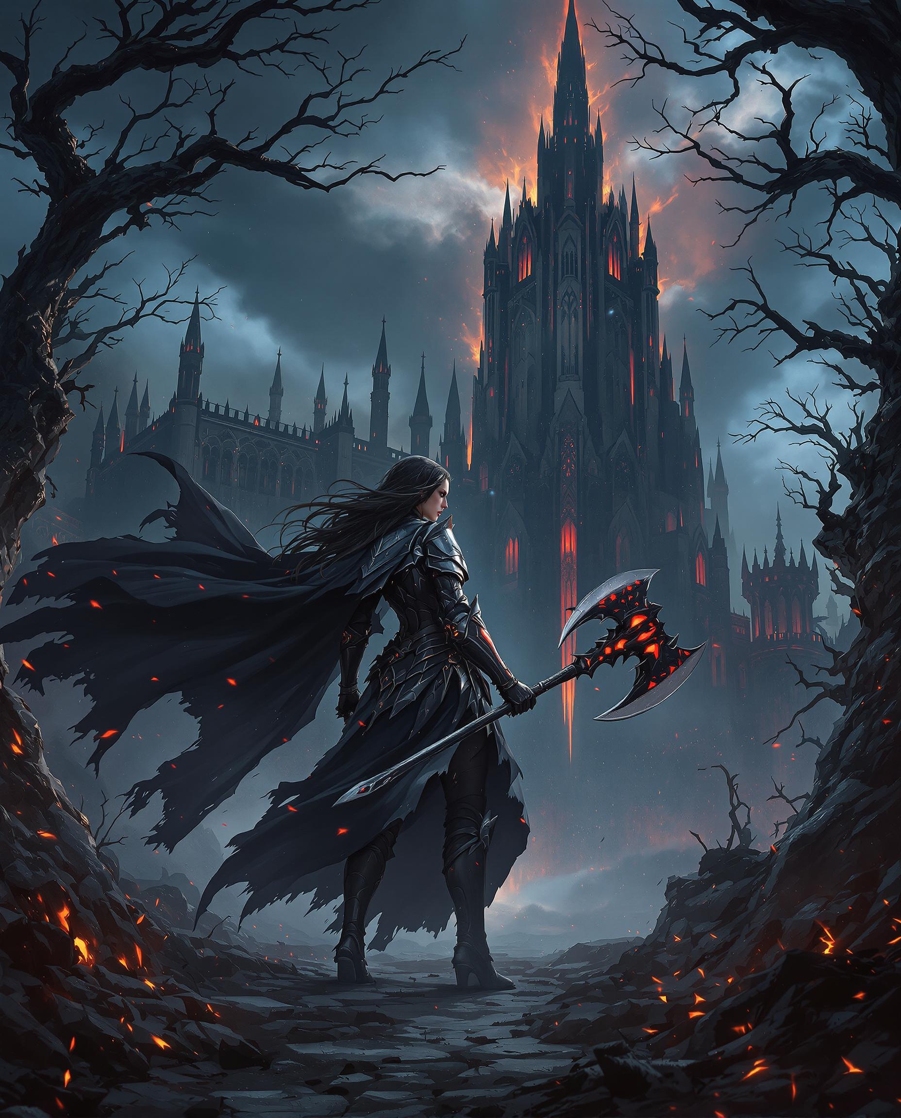 A cinematic digital painting of a female knight standing boldly in the foreground, clad in ornate, near-black armor with a billowing cape caught in the wind, gripping a massive battle axe with twisted metal and glowing red accents that pulse with dark magic. Behind her looms a towering gothic structure with pointed arches and monstrous spires, set against a moody sky of deep blues, blacks, and grays, pierced by fiery reds and oranges, while debris and flickering embers litter the ground, framed by gnarled, encroaching tree branches that heighten the sense of foreboding and isolation. The scene is rendered with masterful lighting and shadow play, creating dramatic depth in an 8K resolution, reminiscent of high-fantasy concept art for a video game or movie.