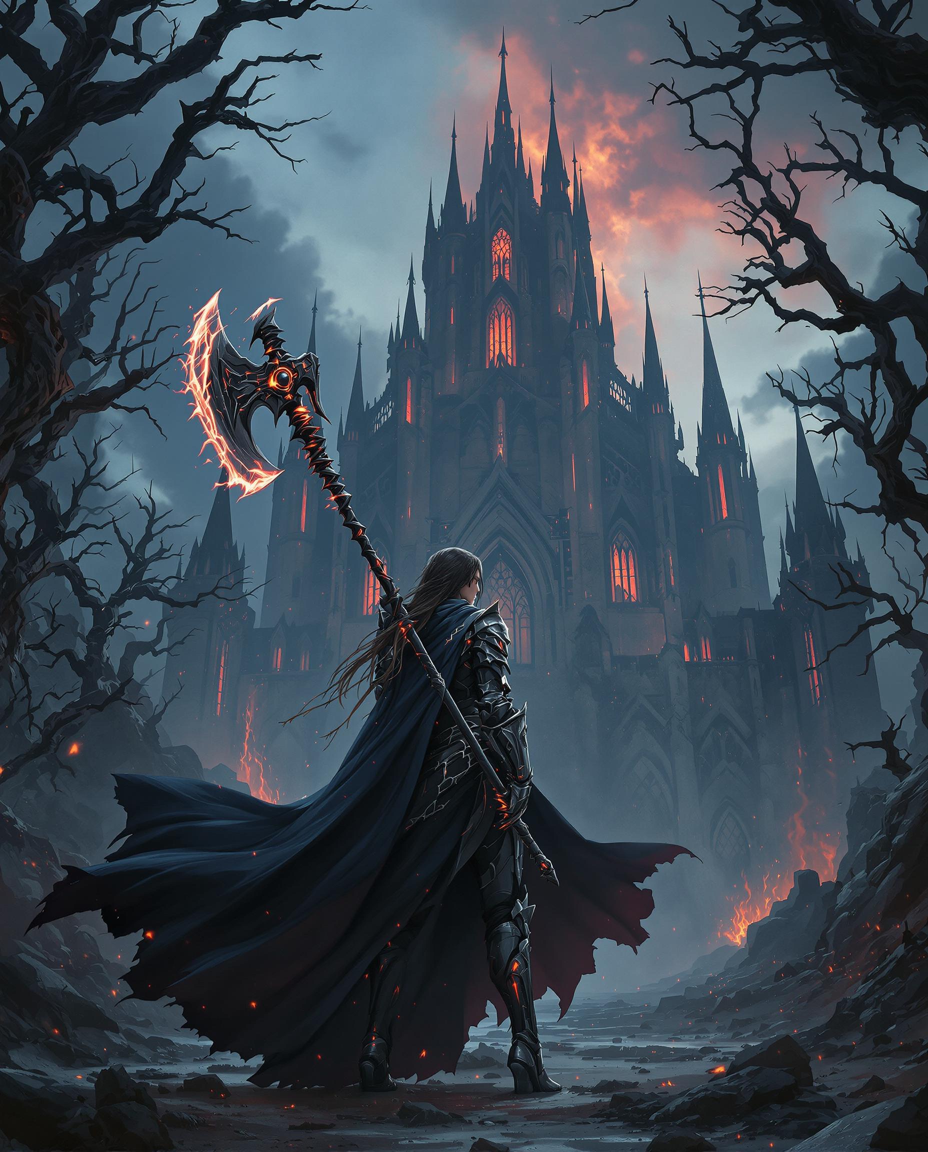 A cinematic digital painting of a female knight standing boldly in the foreground, clad in ornate, near-black armor with a billowing cape caught in the wind, gripping a massive battle axe with twisted metal and glowing red accents that pulse with dark magic. Behind her looms a towering gothic structure with pointed arches and monstrous spires, set against a moody sky of deep blues, blacks, and grays, pierced by fiery reds and oranges, while debris and flickering embers litter the ground, framed by gnarled, encroaching tree branches that heighten the sense of foreboding and isolation. The scene is rendered with masterful lighting and shadow play, creating dramatic depth in an 8K resolution, reminiscent of high-fantasy concept art for a video game or movie.