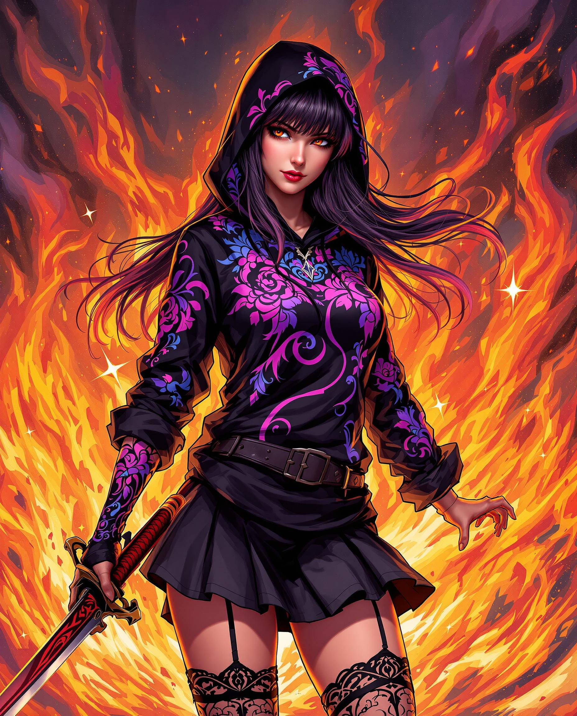 This is a realistic photo (photograph) of a female real person image that features a character with a powerful and dynamic presence. The art style is realistic, with its vibrant colors, detailed line work, and stylized characters. The medium appears to be digital painting, given the smooth blending of colors and the lack of texture that might be present in traditional mediums.The character is wearing a black hoodie with a high collar and a matching black skirt. The hoodie is adorned with intricate, colorful designs that seem to be a mix of floral and abstract shapes, with a predominance of purples, pinks, and blues. The sleeves of the hoodie are rolled up to reveal the characters arms, which are also covered in similar designs.The characters hair is long and straight, with a gradient of colors that range from dark roots to lighter ends. The hair is styled in a way that it flows down the back, and there are hints of red and yellow in the strands, which could suggest a fiery or magical aura.The character is also wearing a pair of thighhigh stockings with a black and purple design that matches the hoodie. The stockings are held up by a black garter belt with a similar design.The characters right hand is visible, and it is holding a sword with a long, curved blade and a red hilt. The sword has a dynamic, flowing design that seems to be in motion, as if the character is in the midst of a battle or a powerful action.The background of the image is filled with a chaotic explosion of fiery colors, primarily oranges and yellows, with some reds and purples. The flames are depicted in a way that they seem to be swirling and moving, creating a sense of energy and power. The fiery background contrasts sharply with the cool tones of the characters clothing, highlighting the figure as the focal point of the image.Overall, the image conveys a sense of drama, power, and mystique, with a strong emphasis on the characters presence and the dynamic energy of the scene.