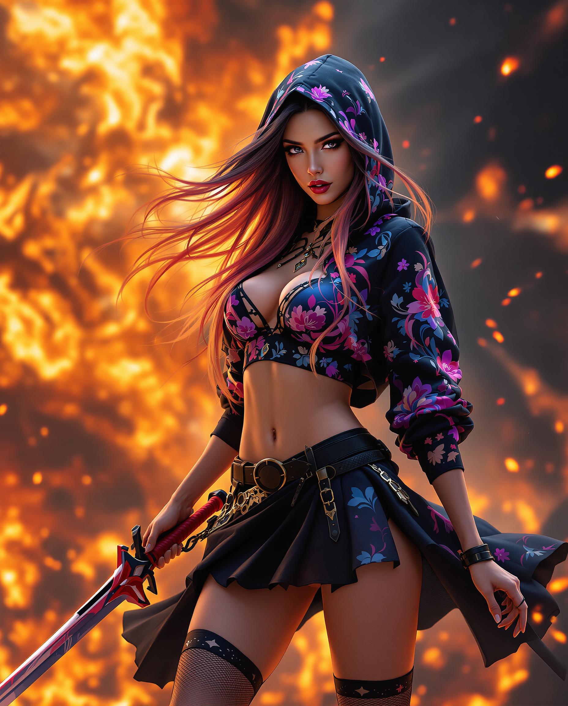 A stunning, photorealistic portrait of a powerful female character with a commanding presence, captured as if taken with a DSLR camera using a 50mm lens for a shallow depth of field in 8K detail. She wears a black hoodie and skirt adorned with intricate floral and abstract designs in vibrant purples, pinks, and blues, paired with matching thigh-high stockings and a garter belt, her long gradient hair flowing with hints of fiery red and yellow. Holding a dynamic, curved sword with a red hilt, she stands against a chaotic, swirling backdrop of fiery oranges, yellows, and reds, illuminated by cinematic lighting that contrasts the cool tones of her outfit with the intense warmth of the explosive background.
