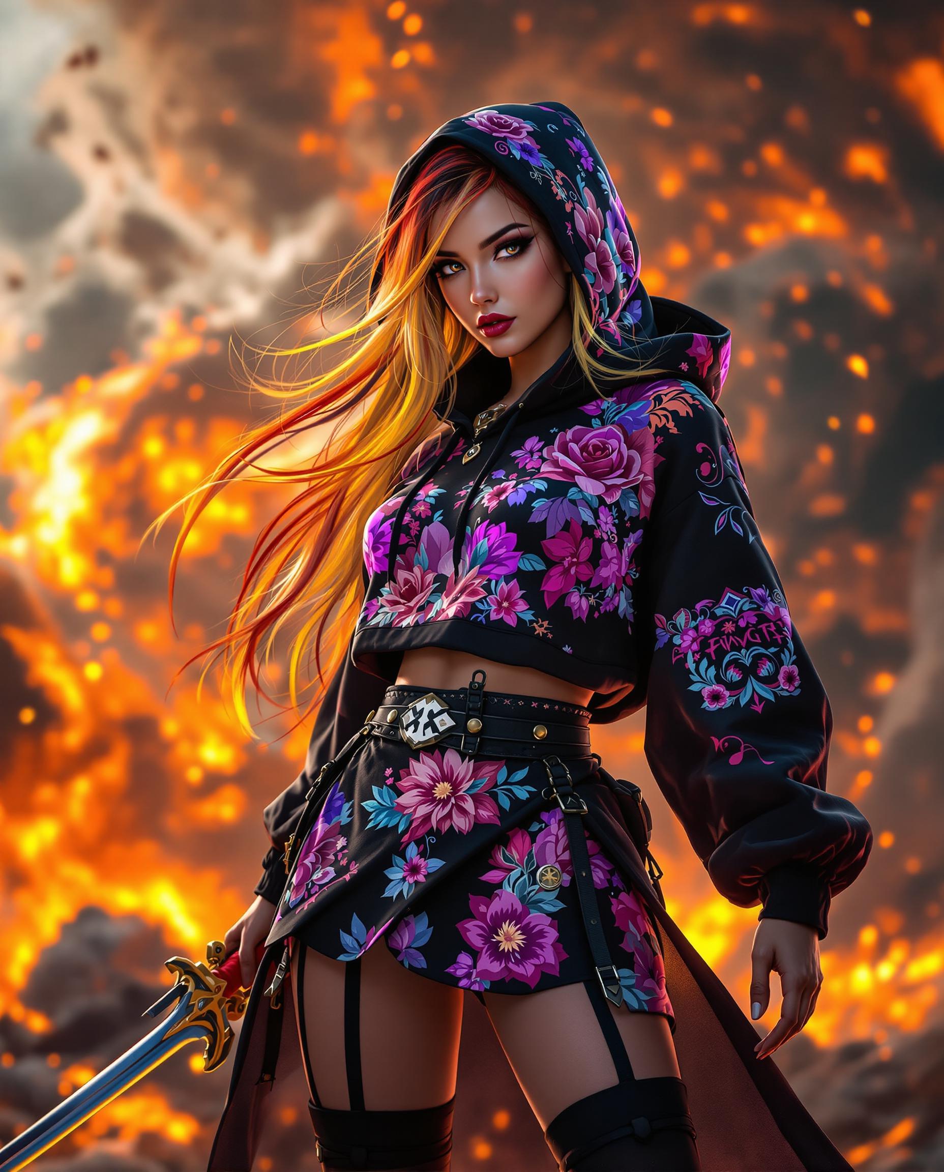 A stunning, photorealistic portrait of a powerful female character with a commanding presence, captured as if taken with a DSLR camera using a 50mm lens for a shallow depth of field in 8K detail. She wears a black hoodie and skirt adorned with intricate floral and abstract designs in vibrant purples, pinks, and blues, paired with matching thigh-high stockings and a garter belt, her long gradient hair flowing with hints of fiery red and yellow. Holding a dynamic, curved sword with a red hilt, she stands against a chaotic, swirling backdrop of fiery oranges, yellows, and reds, illuminated by cinematic lighting that contrasts the cool tones of her outfit with the intense warmth of the explosive background.