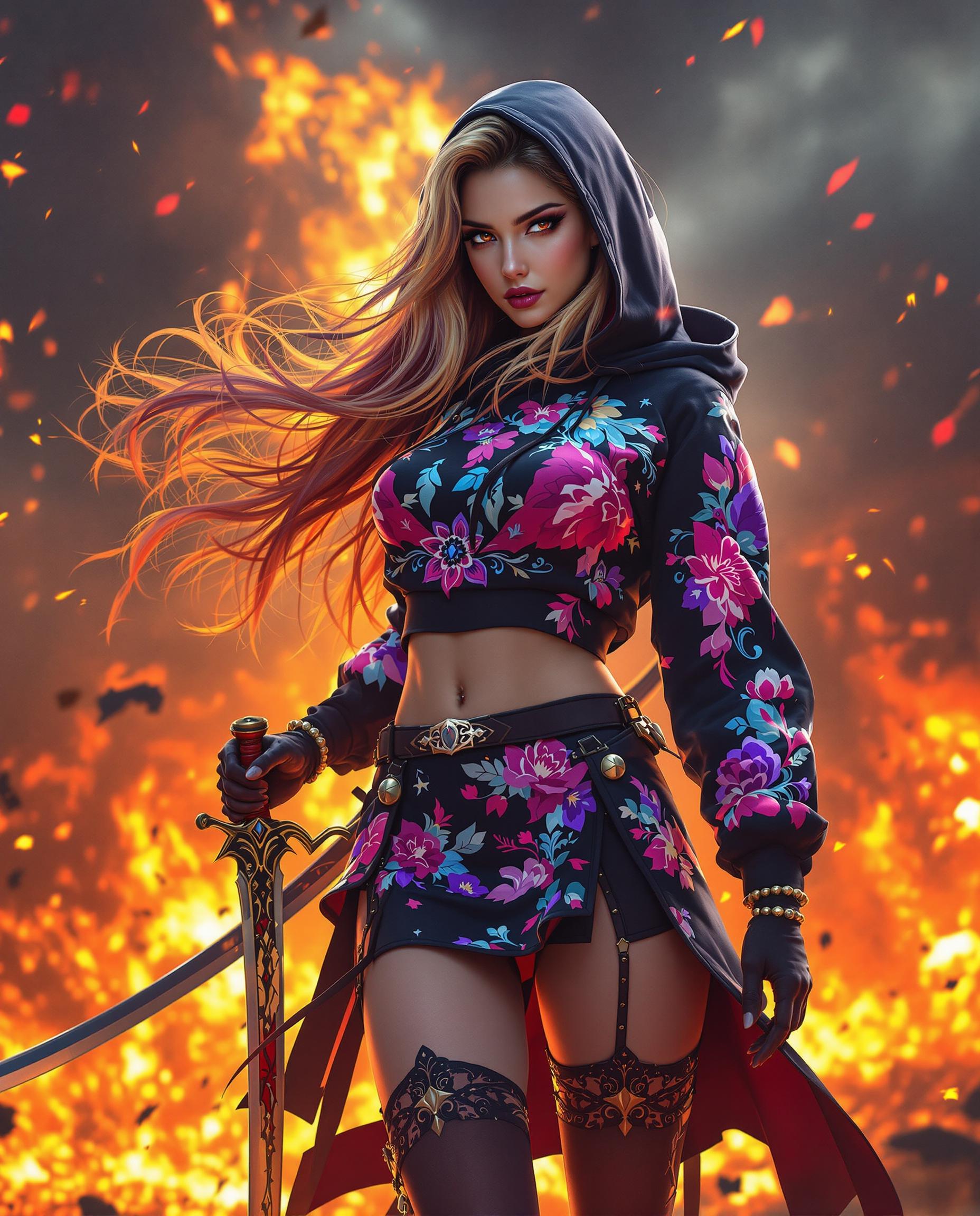 A stunning, photorealistic portrait of a powerful female character with a commanding presence, captured as if taken with a DSLR camera using a 50mm lens for a shallow depth of field in 8K detail. She wears a black hoodie and skirt adorned with intricate floral and abstract designs in vibrant purples, pinks, and blues, paired with matching thigh-high stockings and a garter belt, her long gradient hair flowing with hints of fiery red and yellow. Holding a dynamic, curved sword with a red hilt, she stands against a chaotic, swirling backdrop of fiery oranges, yellows, and reds, illuminated by cinematic lighting that contrasts the cool tones of her outfit with the intense warmth of the explosive background.