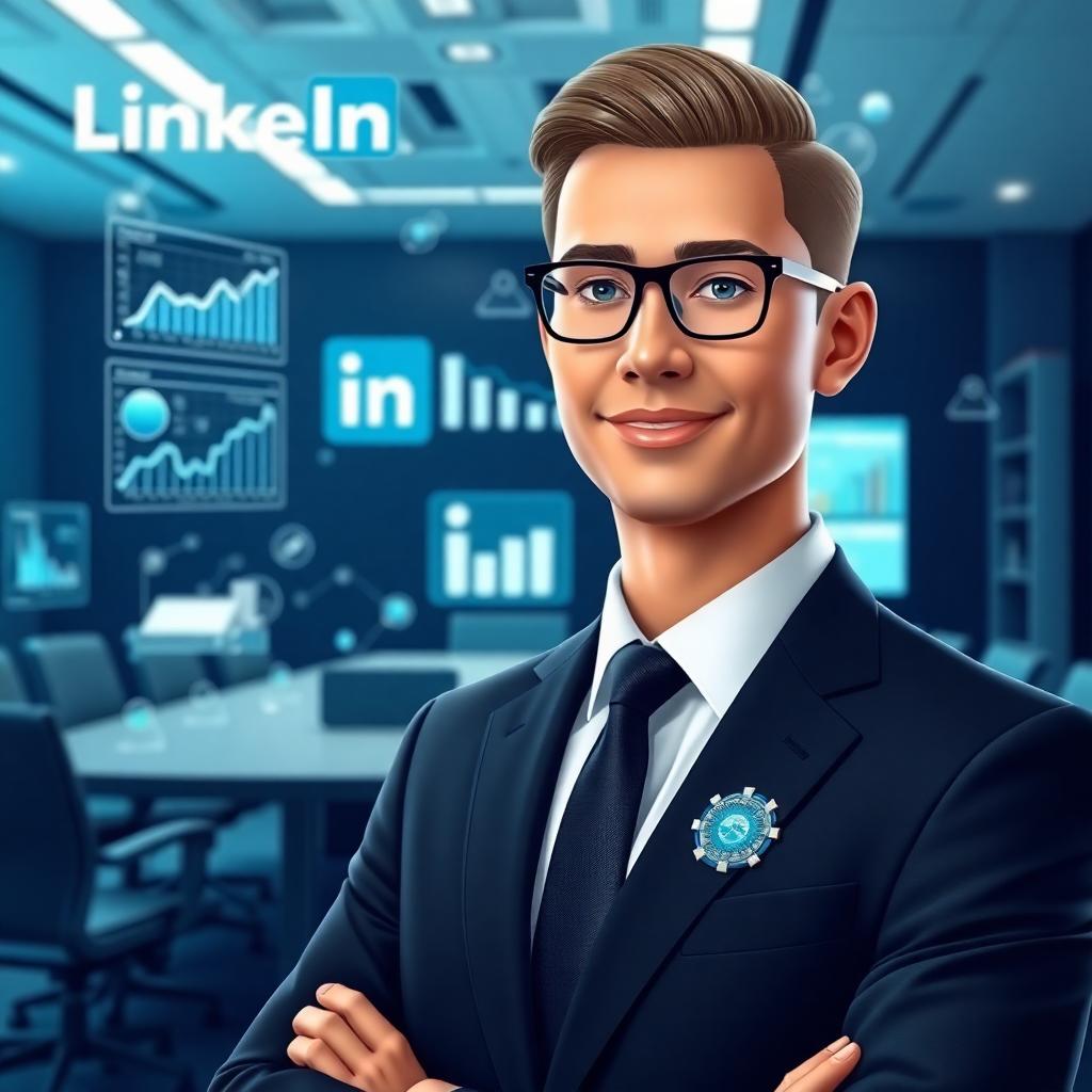 A sleek, modern digital avatar representing an AI-powered LinkedIn content expert for the marketing analytics industry. The scene features a professional, futuristic workspace with digital dashboards, analytics graphs, and stylized data visualizations floating holographically. The avatar is confident and approachable, wearing smart business attire with subtle tech-inspired accents (like a glowing lapel pin or abstract circuit patterns). In the background, a LinkedIn logo is subtly integrated alongside executive business elements—think boardroom, laptops, and networking icons. The overall tone is intelligent, trustworthy, innovative, and executive-focused, with a cool color palette (blues, silvers, and crisp whites)—evoking expertise in social media, analytics, and AI-driven strategy.