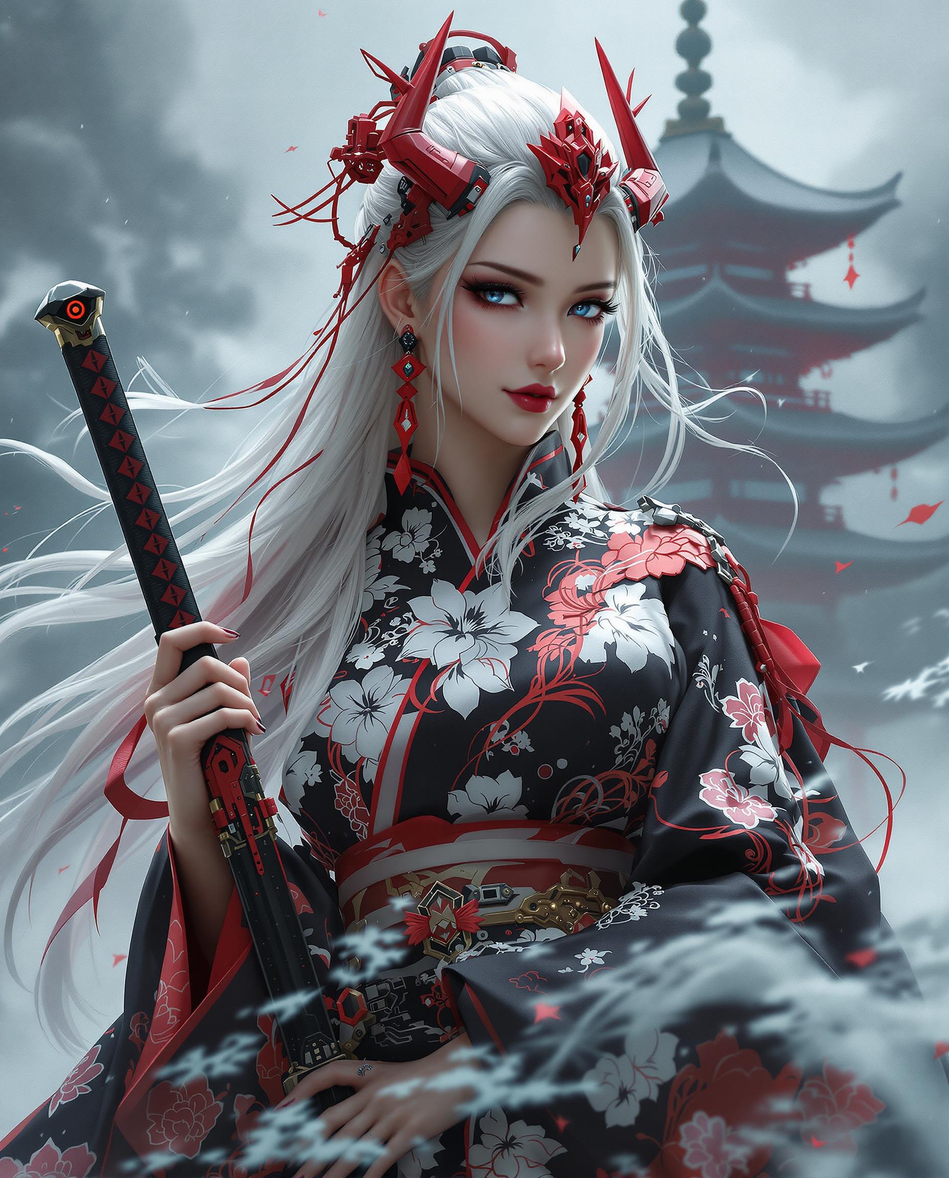 This is a close-up, highly detailed digital painting of a female character wearing a traditional Japanese kimono with a modern, futuristic twist, featuring a predominantly black fabric with striking white and red accents, intricate floral patterns, and mechanical elements. Her long, white hair with red highlights flows dynamically, interwoven with mechanical tendrils, complemented by a red obi, red earrings, and a horn-like red headpiece, while she holds a formidable black-and-red hilted sword, its blade partially visible. The misty, ethereal background showcases a traditional Japanese pagoda encircled by swirling mist and floral motifs, mirroring the character’s design, with cinematic lighting, deep shadows, and a harmonious palette of traditional and vibrant colors enhancing the mystical, otherworldly atmosphere in stunning 8K detail.