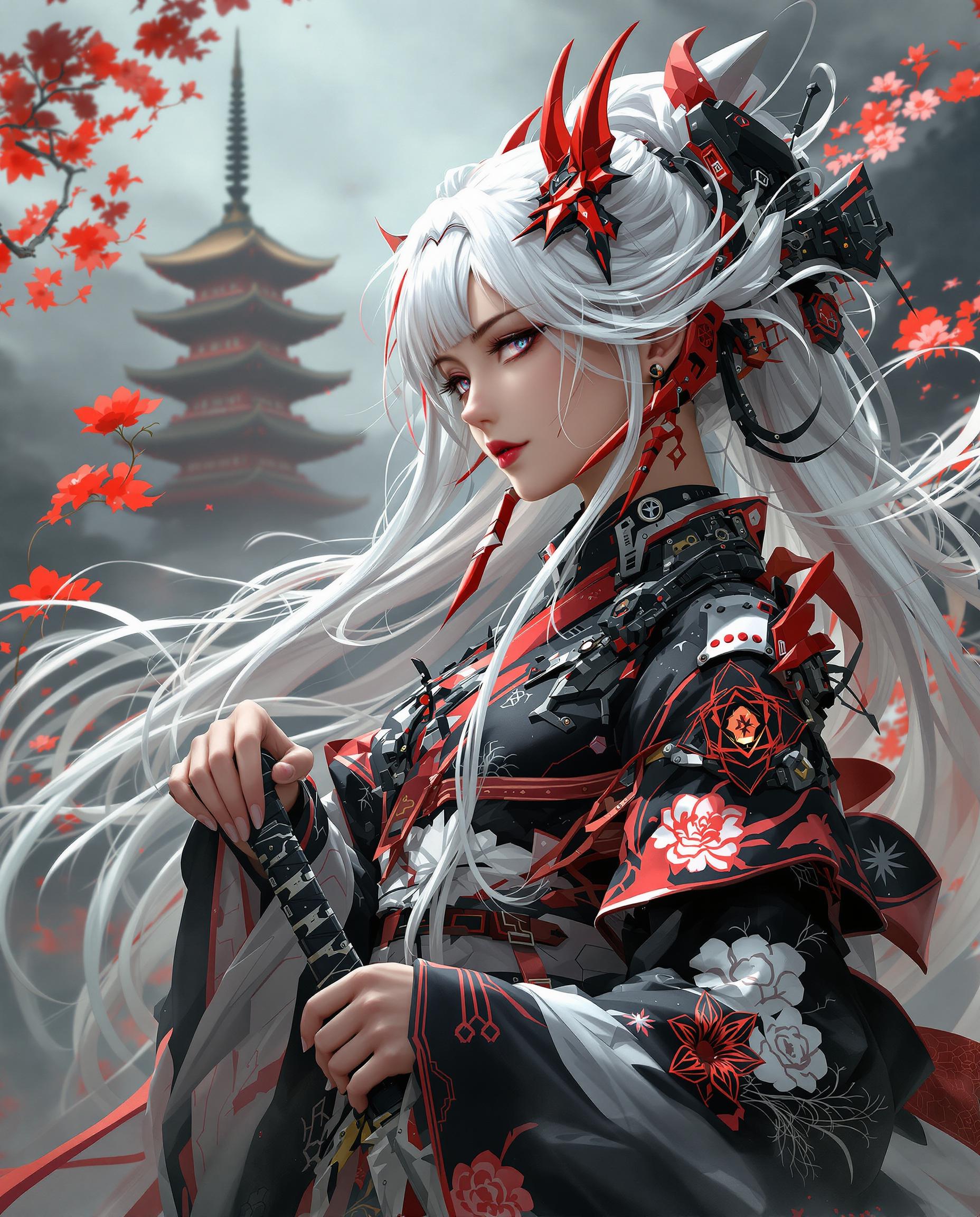 This is a close-up, highly detailed digital painting of a female character wearing a traditional Japanese kimono with a modern, futuristic twist, featuring a predominantly black fabric with striking white and red accents, intricate floral patterns, and mechanical elements. Her long, white hair with red highlights flows dynamically, interwoven with mechanical tendrils, complemented by a red obi, red earrings, and a horn-like red headpiece, while she holds a formidable black-and-red hilted sword, its blade partially visible. The misty, ethereal background showcases a traditional Japanese pagoda encircled by swirling mist and floral motifs, mirroring the character’s design, with cinematic lighting, deep shadows, and a harmonious palette of traditional and vibrant colors enhancing the mystical, otherworldly atmosphere in stunning 8K detail.