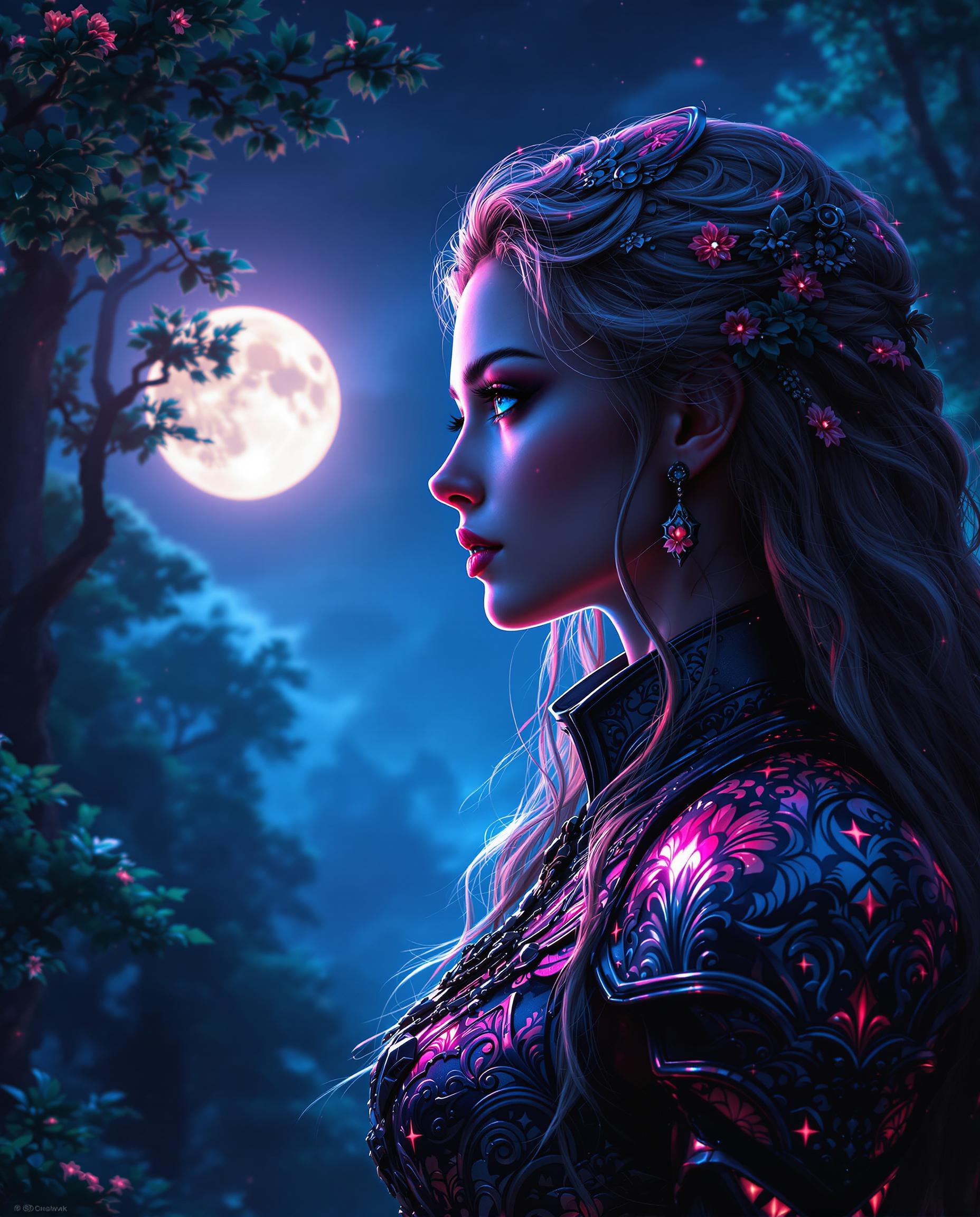 A close-up, photorealistic digital painting of a female figure in profile, captured with intricate detail and vibrant colors, set against a full moon glowing softly in a night sky and a lush, enchanted forest of deep greens and blues. Her long, flowing hair and armor-like clothing shimmer with red and pink highlights, illuminated by moonlight, while intricate floral and geometric patterns adorn her attire, adding a fantasy twist. The scene is rendered with smooth shading, cinematic lighting, and an otherworldly, magical atmosphere in stunning 8K detail.