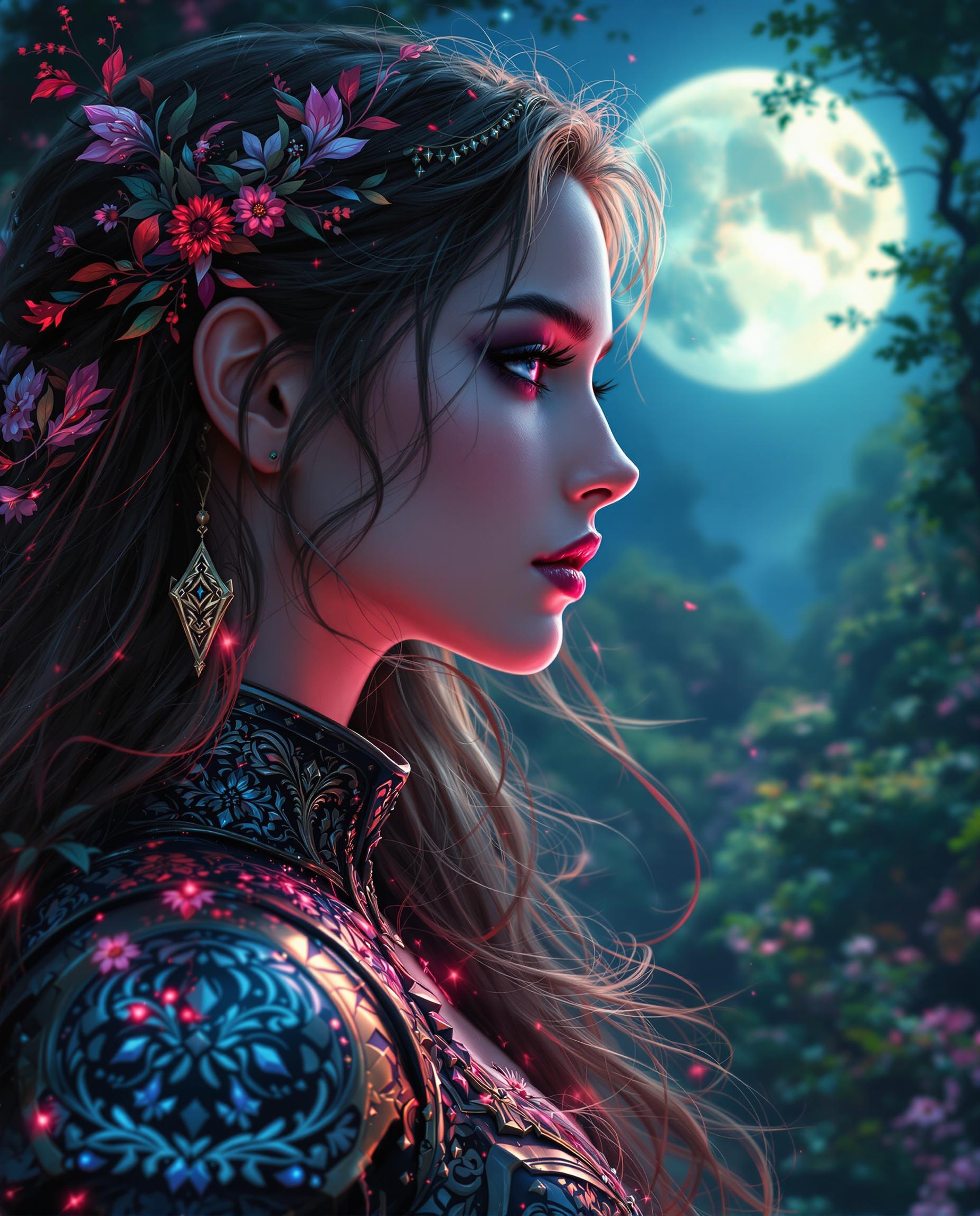 A close-up, photorealistic digital painting of a female figure in profile, captured with intricate detail and vibrant colors, set against a full moon glowing softly in a night sky and a lush, enchanted forest of deep greens and blues. Her long, flowing hair and armor-like clothing shimmer with red and pink highlights, illuminated by moonlight, while intricate floral and geometric patterns adorn her attire, adding a fantasy twist. The scene is rendered with smooth shading, cinematic lighting, and an otherworldly, magical atmosphere in stunning 8K detail.