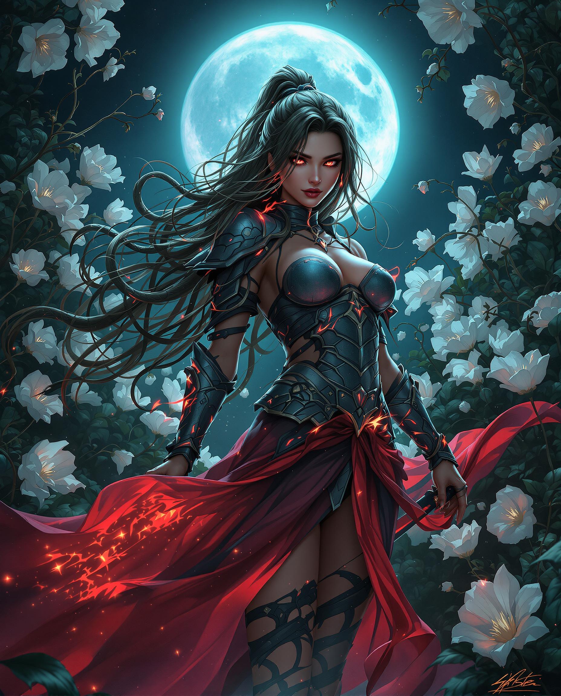 A striking digital painting of a female character with a snake katana, blending photorealistic detail with a fantasy twist, set against a mystical night scene. Her long, flowing hair twists like vines with glowing red accents, paired with armor-like plates and flowing red fabric in greens, blues, and fiery pinks, illuminated by dramatic moonlight from a glowing full moon behind her. The background features a dense thicket of translucent white flowers, casting an ethereal, slightly ominous glow under the cool, otherworldly palette.