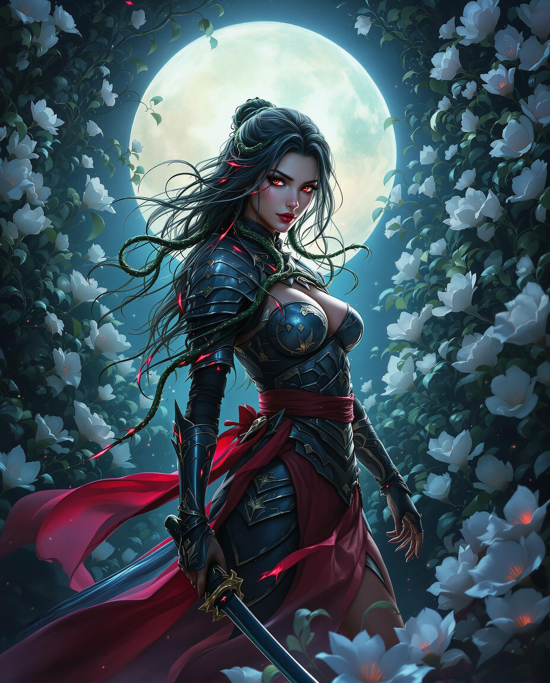 A striking realistic professional digital painting of a female character with a snake katana, blending photorealistic detail with a fantasy twist, set against a mystical night scene. Her long, flowing hair twists like vines with glowing red accents, paired with armor-like plates and flowing red fabric in greens, blues, and fiery pinks, illuminated by dramatic moonlight from a glowing full moon behind her. The background features a dense thicket of translucent white flowers, casting an ethereal, slightly ominous glow under the cool, otherworldly palette.