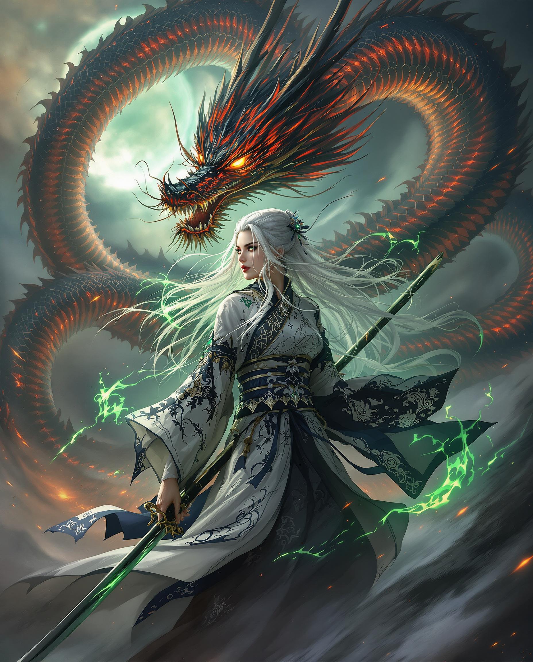 A close-up, photorealistic digital painting of a fierce female warrior in a traditional Japanese kimono, intricately embroidered with vibrant patterns, standing with resolute determination. Her long, flowing white hair contrasts with the black and white tones of her attire, while she wields a sword radiating glowing green magical energy, connected to a massive, coiled dragon with fiery red and black scales and ominous glowing eyes soaring behind her. The chaotic background swirls with stormy hues and magical portal-like shapes, enhancing the otherworldly tension, captured with cinematic lighting and 8K detail.