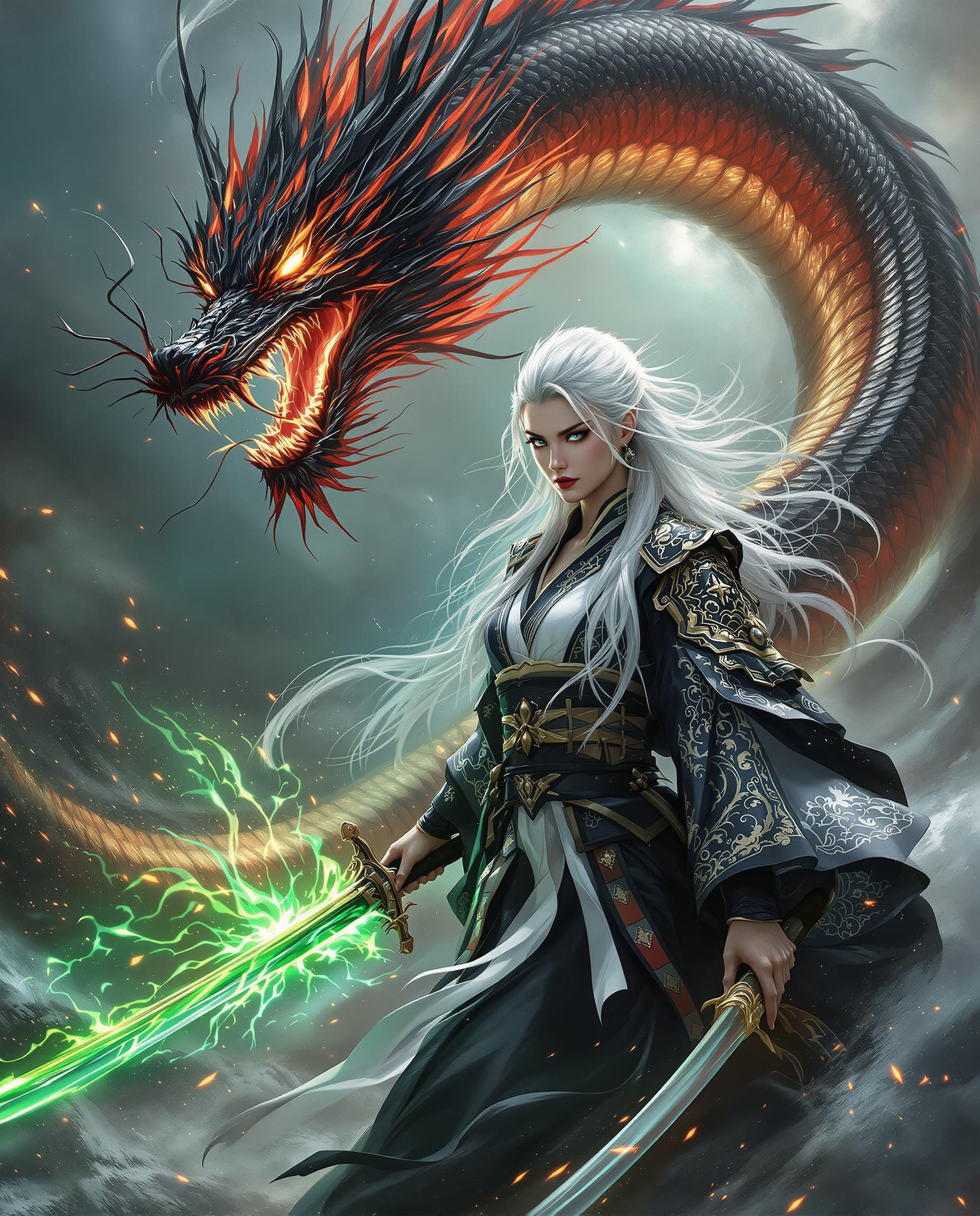 A close-up, photorealistic digital painting of a fierce female warrior in a traditional Japanese kimono, intricately embroidered with vibrant patterns, standing with resolute determination. Her long, flowing white hair contrasts with the black and white tones of her attire, while she wields a sword radiating glowing green magical energy, connected to a massive, coiled dragon with fiery red and black scales and ominous glowing eyes soaring behind her. The chaotic background swirls with stormy hues and magical portal-like shapes, enhancing the otherworldly tension, captured with cinematic lighting and 8K detail.