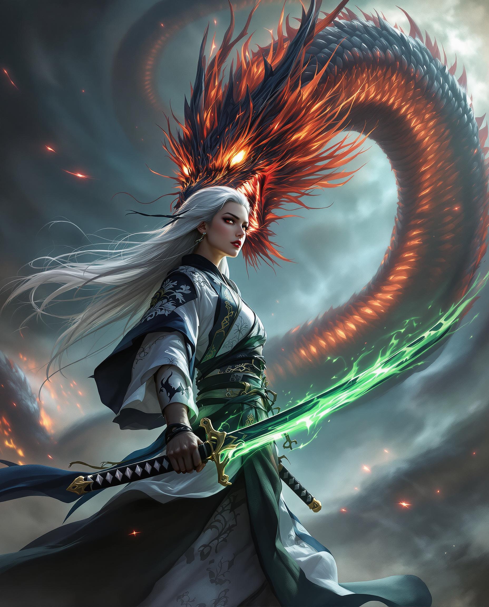 A close-up, photorealistic digital painting of a fierce female warrior in a traditional Japanese kimono, intricately embroidered with vibrant patterns, standing with resolute determination. Her long, flowing white hair contrasts with the black and white tones of her attire, while she wields a sword radiating glowing green magical energy, connected to a massive, coiled dragon with fiery red and black scales and ominous glowing eyes soaring behind her. The chaotic background swirls with stormy hues and magical portal-like shapes, enhancing the otherworldly tension, captured with cinematic lighting and 8K detail.