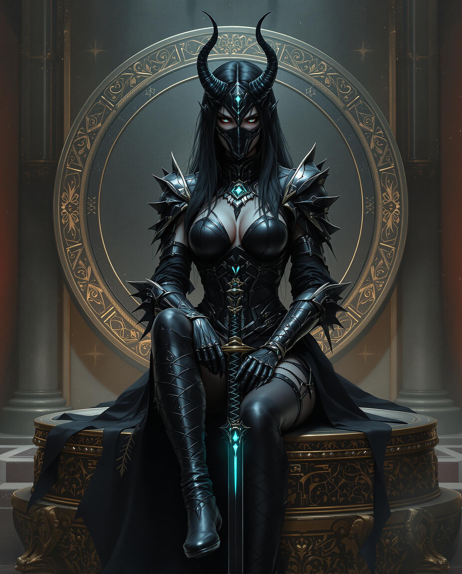 A highly detailed digital painting of a female character with gothic and cyberpunk influences, seated on an ornate, circular pedestal adorned with intricate carvings that suggest sacred importance. She wears a black armored outfit with a high collar, a mask covering her lower face, revealing only piercing eyes, and long dark hair with horn-like protrusions, while holding a katana with a black hilt and glowing gem-embellished blade sheathed in a matching scabbard. The scene is illuminated by dramatic cinematic lighting, emphasizing deep blacks, muted grays, and subtle teal-silver accents, with smooth shading and sharp textures creating a realistic yet fantastical depth in 8K resolution.