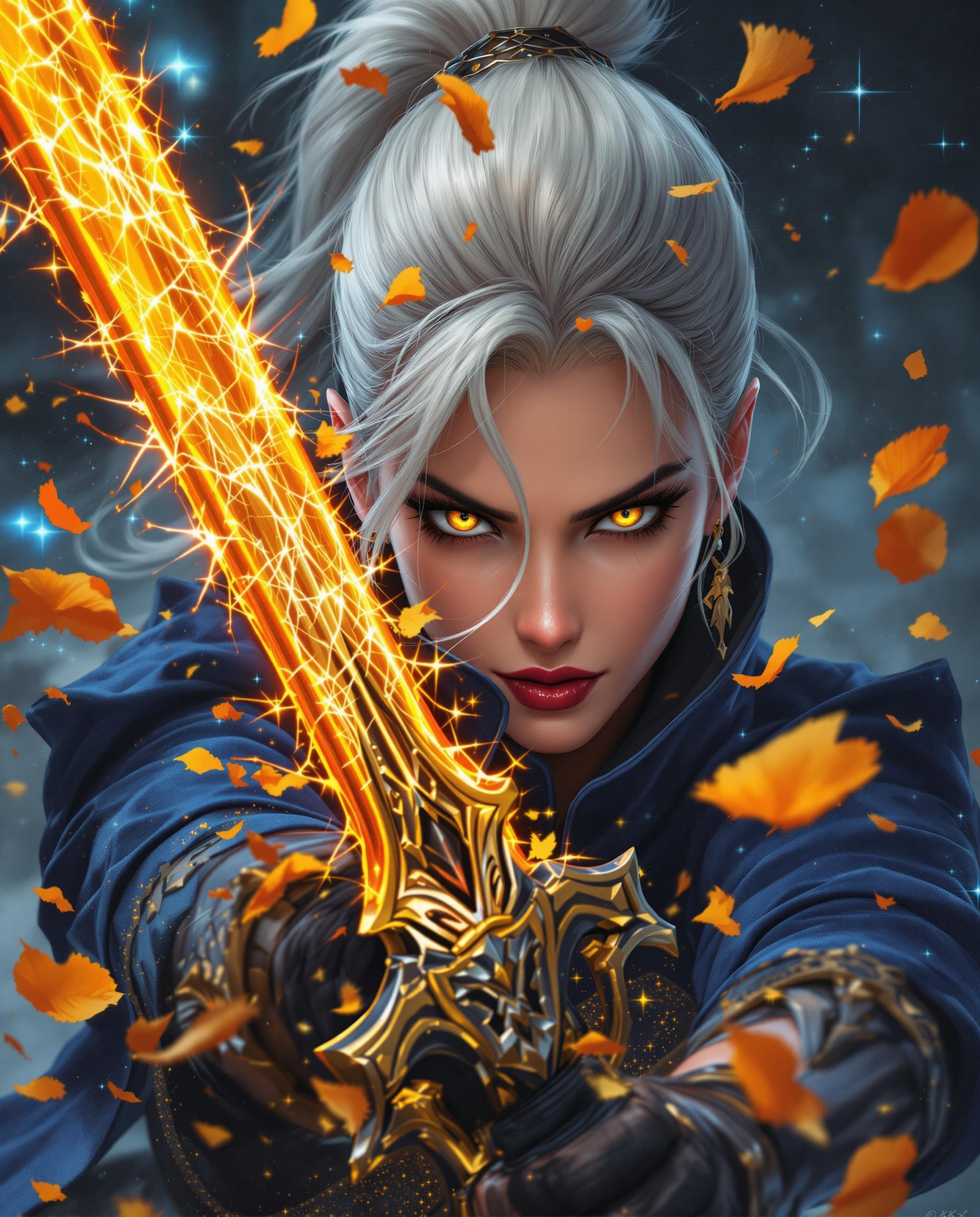 A close-up, hyper-realistic digital painting of a fierce female character in a moment of intense action, wielding a highly detailed sword with an ornate hilt and a glowing, crackling orange blade that contrasts the dark blues and blacks of her clothing and the moody, atmospheric background. Her pale silver hair and striking yellow eyes pierce through the darkness, while flying orange and yellow petals and magical blue-tinged sparks swirl around, enhancing the chaotic, dynamic energy of the scene. Rendered with clean lines, intricate shading, and smooth color blending, this piece captures raw emotion and supernatural power in stunning 8K detail.