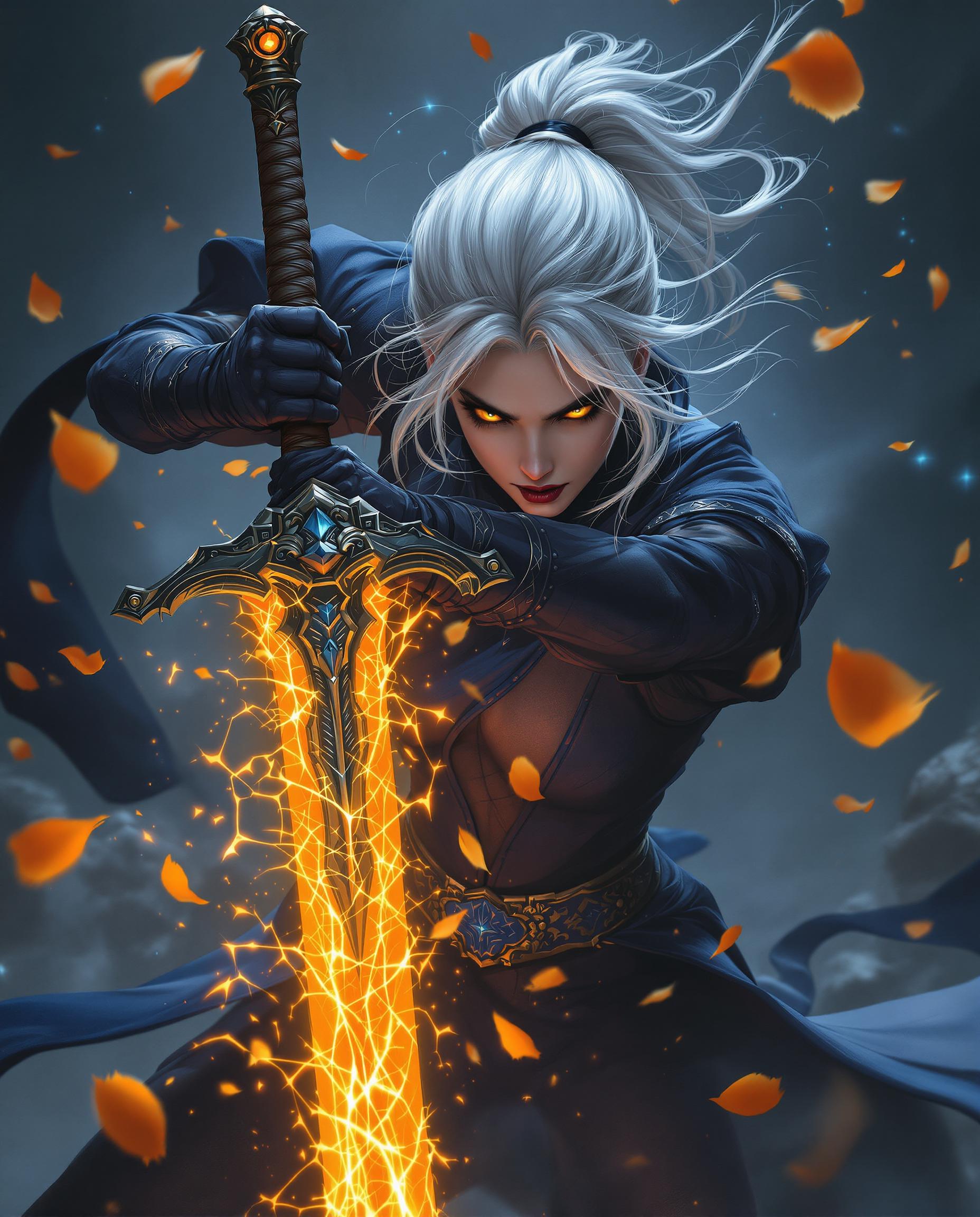 A hyper-realistic digital painting of a fierce female character in a moment of intense action, wielding a highly detailed sword with an ornate hilt and a glowing, crackling orange blade that contrasts the dark blues and blacks of her clothing and the moody, atmospheric background. Her pale silver hair and striking yellow eyes pierce through the darkness, while flying orange and yellow petals and magical blue-tinged sparks swirl around, enhancing the chaotic, dynamic energy of the scene. Rendered with clean lines, intricate shading, and smooth color blending, this piece captures raw emotion and supernatural power in stunning 8K detail.