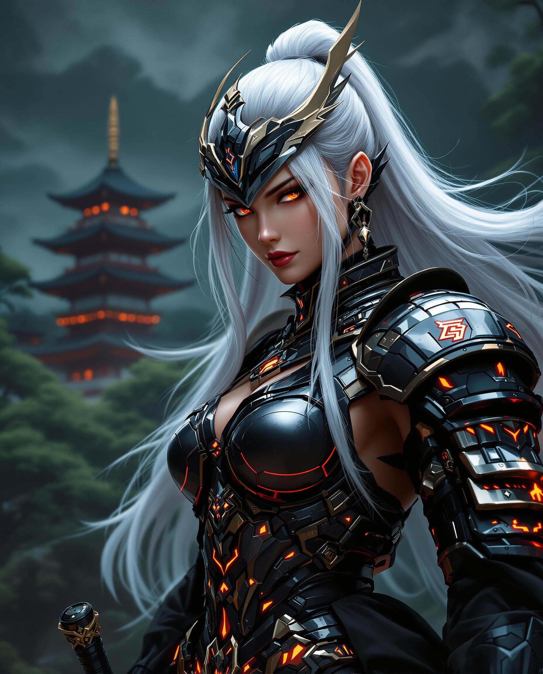 A close-up, hyper-realistic digital painting of a powerful female character in a dynamic stance, showcasing intricate armor design with a blend of traditional samurai and futuristic high-tech elements. Her sleek black armor, accented by glowing red and metallic gold, contrasts with her flowing white hair, set against a dramatic, moody background of a stylized Japanese pagoda nestled in a lush green landscape. The scene is illuminated by cinematic lighting, with rich, dark tones and a polished, smooth gradient finish, emphasizing every detail of her ornate sword and armor in stunning 8K clarity.