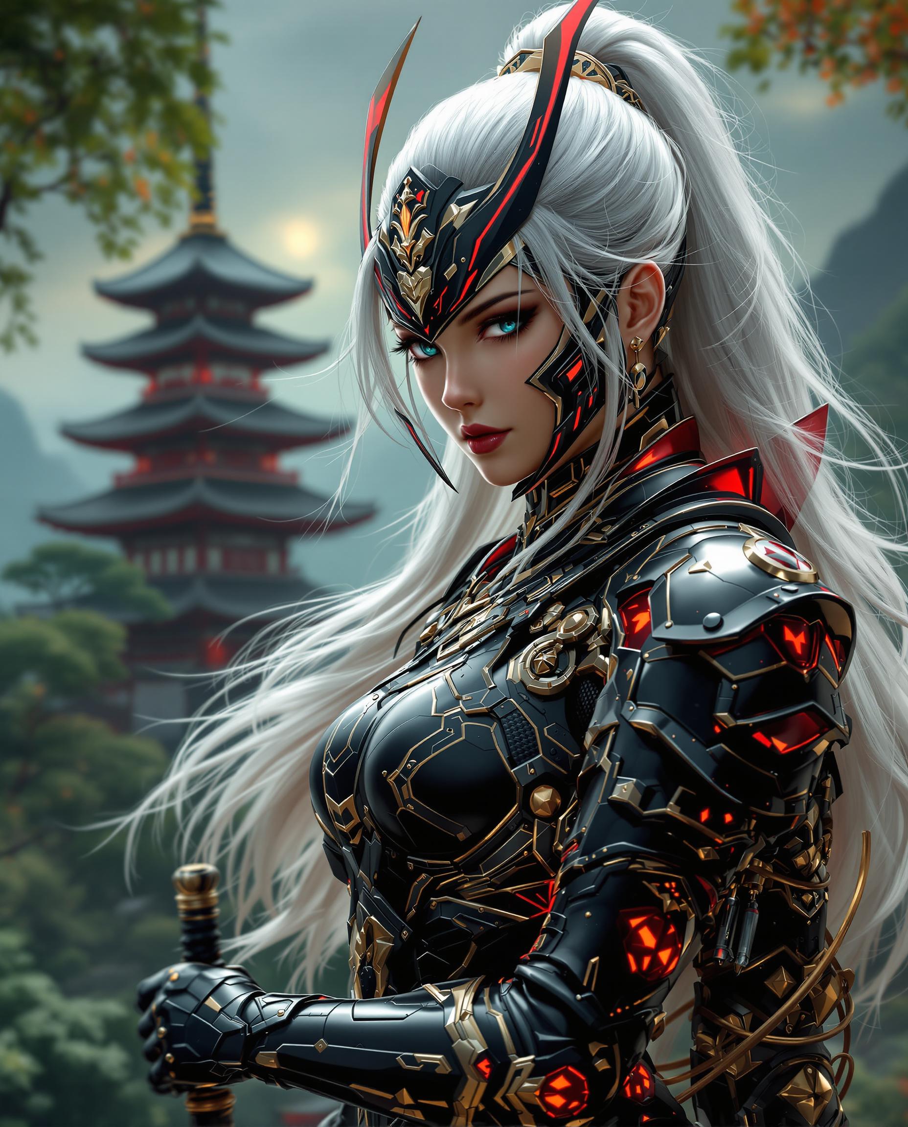 A close-up, hyper-realistic digital painting of a powerful female character in a dynamic stance, showcasing intricate armor design with a blend of traditional samurai and futuristic high-tech elements. Her sleek black armor, accented by glowing red and metallic gold, contrasts with her flowing white hair, set against a dramatic, moody background of a stylized Japanese pagoda nestled in a lush green landscape. The scene is illuminated by cinematic lighting, with rich, dark tones and a polished, smooth gradient finish, emphasizing every detail of her ornate sword and armor in stunning 8K clarity.
