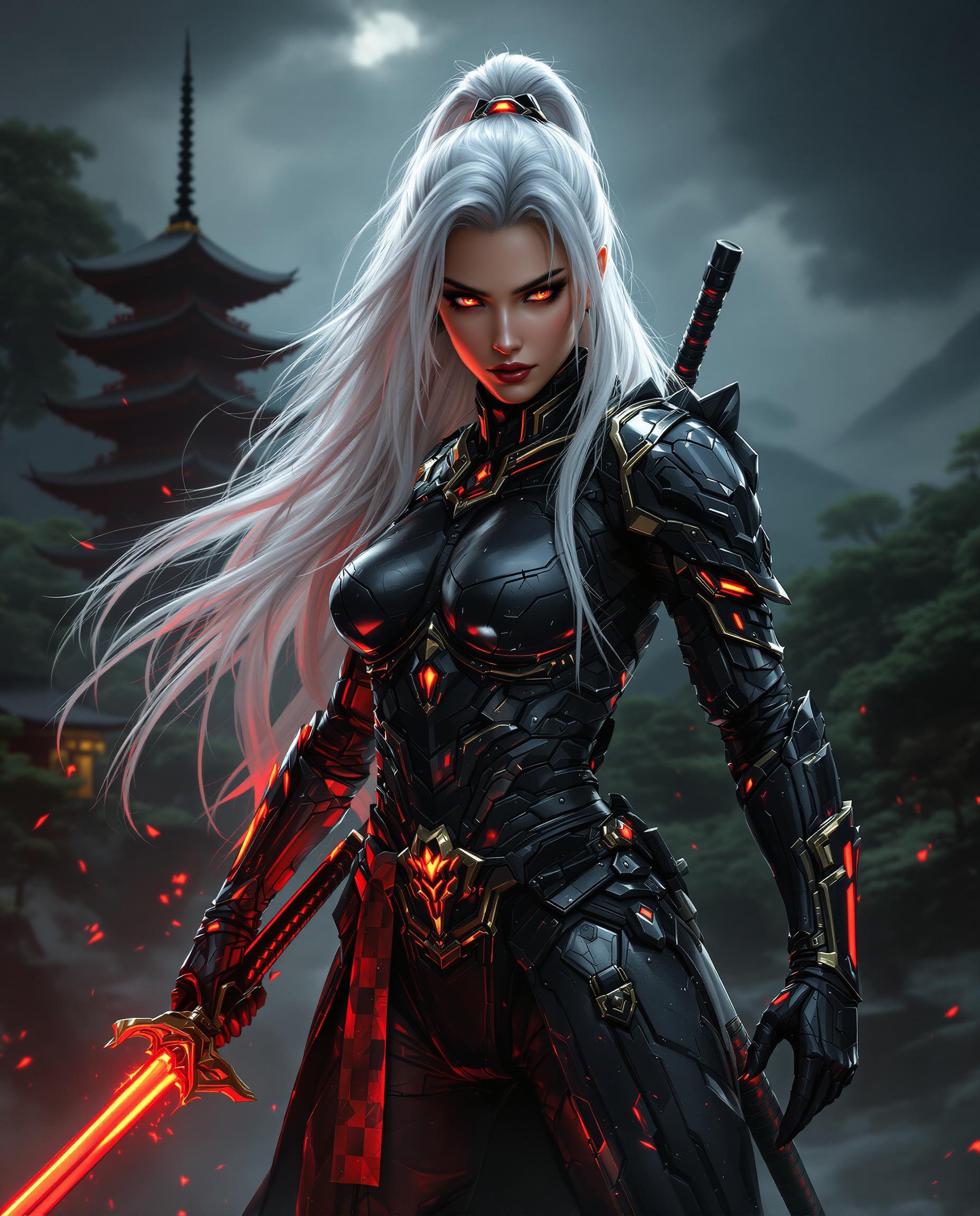 A stunning digital painting of a fierce female warrior in a dynamic, powerful stance, captured with photorealistic detail and intricate character design. She wears sleek, high-tech black armor with glowing red and gold accents, the metallic sheen reflecting cinematic lighting, contrasted by her long, flowing white hair against a moody, dark-toned background. Behind her, a stylized Japanese pagoda rises amid a serene, lush green landscape, while she wields a samurai sword, blending traditional and futuristic elements with masterful precision.