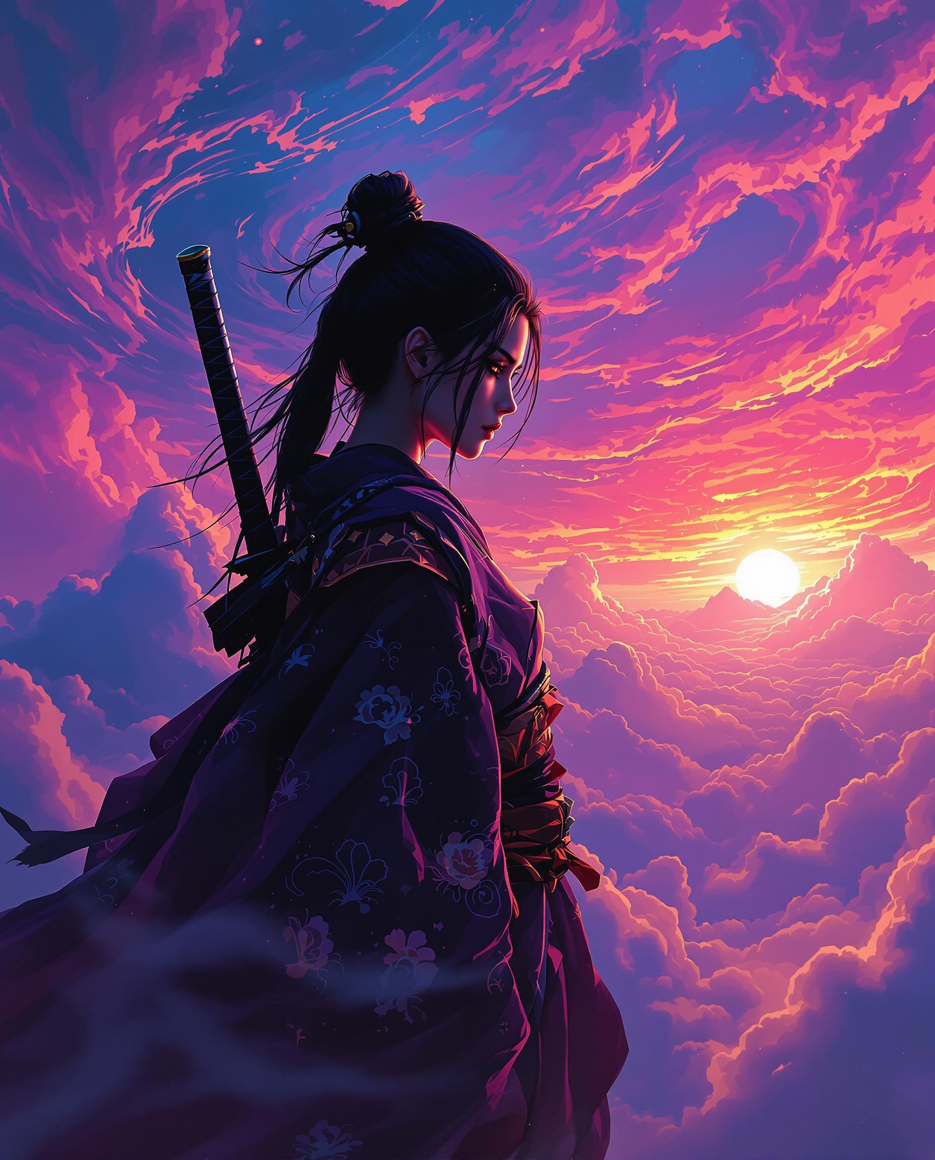 A captivating photorealistic digital painting of a female warrior, exuding fantasy and mystique, stands cloaked in shadow amidst a vast expanse of swirling clouds at twilight. Her traditional Japanese kimono and katana, strapped across her back, are outlined with intricate detail, while vibrant purples, blues, and pinks blend seamlessly with the warm glow of the distant sun, casting cinematic light and deep shadows. This 8K masterpiece, captured as if through a 50mm DSLR lens with shallow depth of field, evokes a moody, atmospheric sense of chaos and transformation.