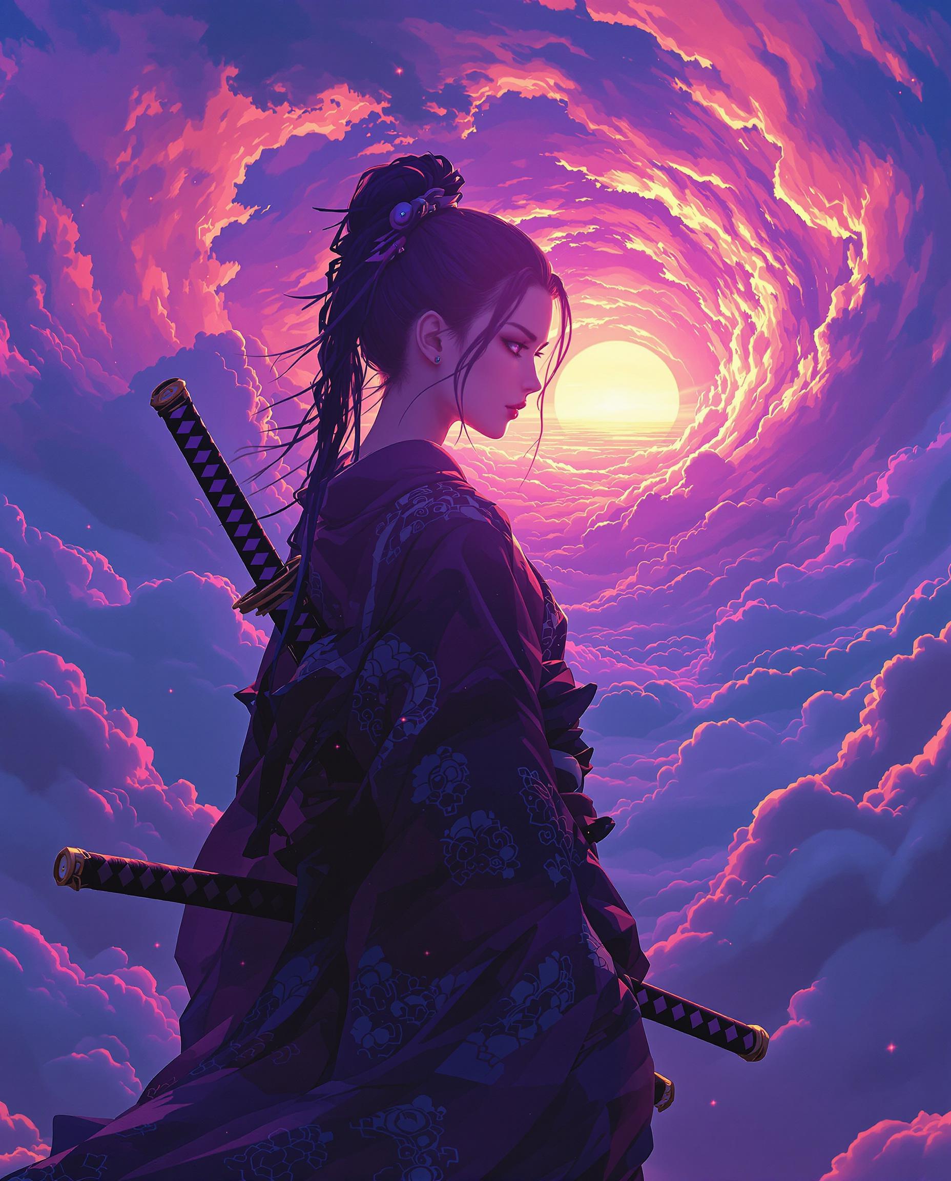 A captivating photorealistic digital painting of a female warrior, exuding fantasy and mystique, stands cloaked in shadow amidst a vast expanse of swirling clouds at twilight. Her traditional Japanese kimono and katana, strapped across her back, are outlined with intricate detail, while vibrant purples, blues, and pinks blend seamlessly with the warm glow of the distant sun, casting cinematic light and deep shadows. This 8K masterpiece, captured as if through a 50mm DSLR lens with shallow depth of field, evokes a moody, atmospheric sense of chaos and transformation.