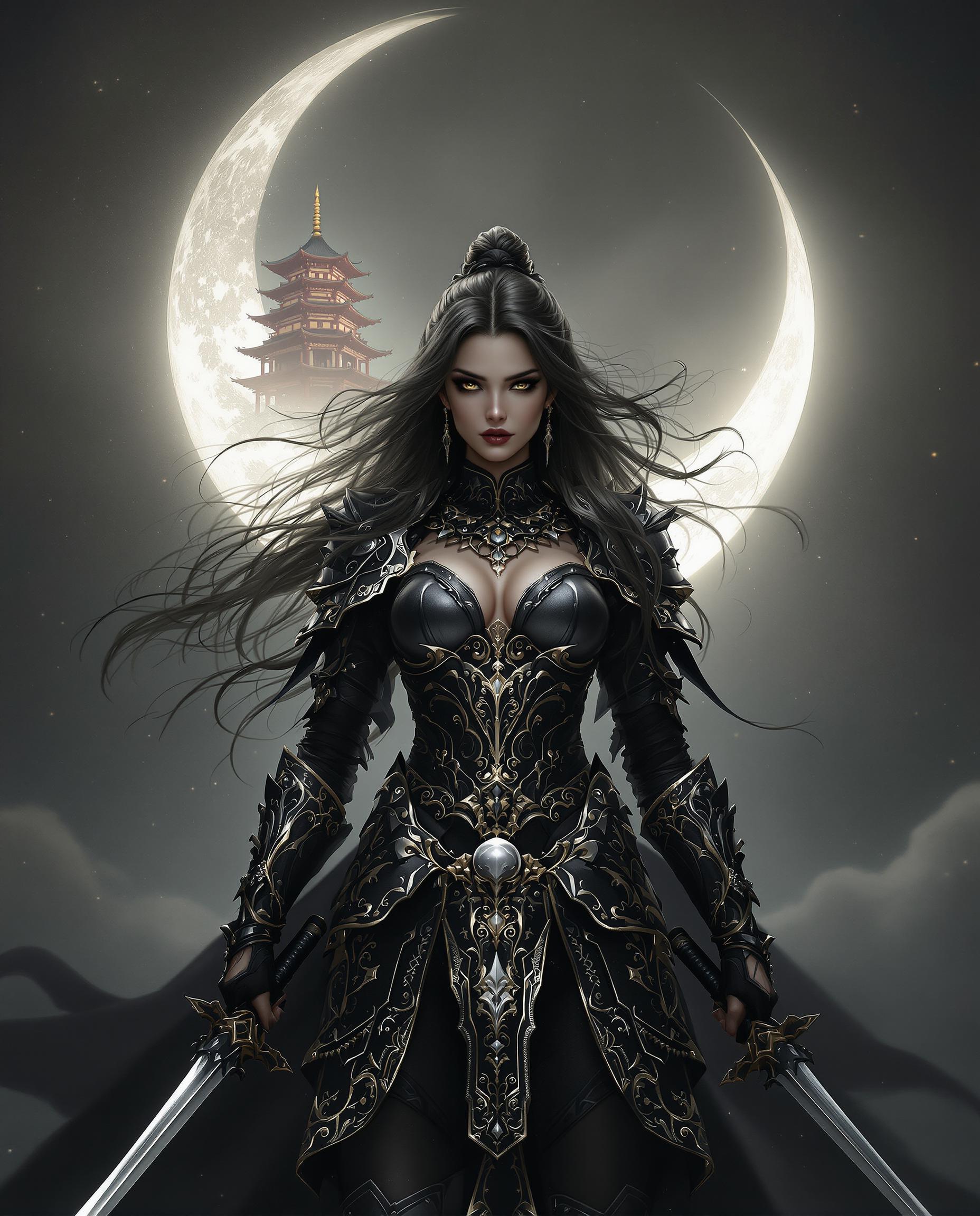 A highly detailed digital painting of a female warrior, blending fantasy and gothic elements, captured with photorealistic precision as if taken by a DSLR camera with a 50mm lens and shallow depth of field. She stands centered, clad in ornate, dark armor with intricate silver and gold embellishments, wielding two swords under the soft glow of a luminous crescent moon bearing an East Asian pagoda silhouette. The monochromatic palette of blacks and grays, contrasted by the moon's ethereal light, enhances the dramatic, mysterious mood, with her flowing, wavy hair and the dynamic composition adding elegance and depth in stunning 8K detail.