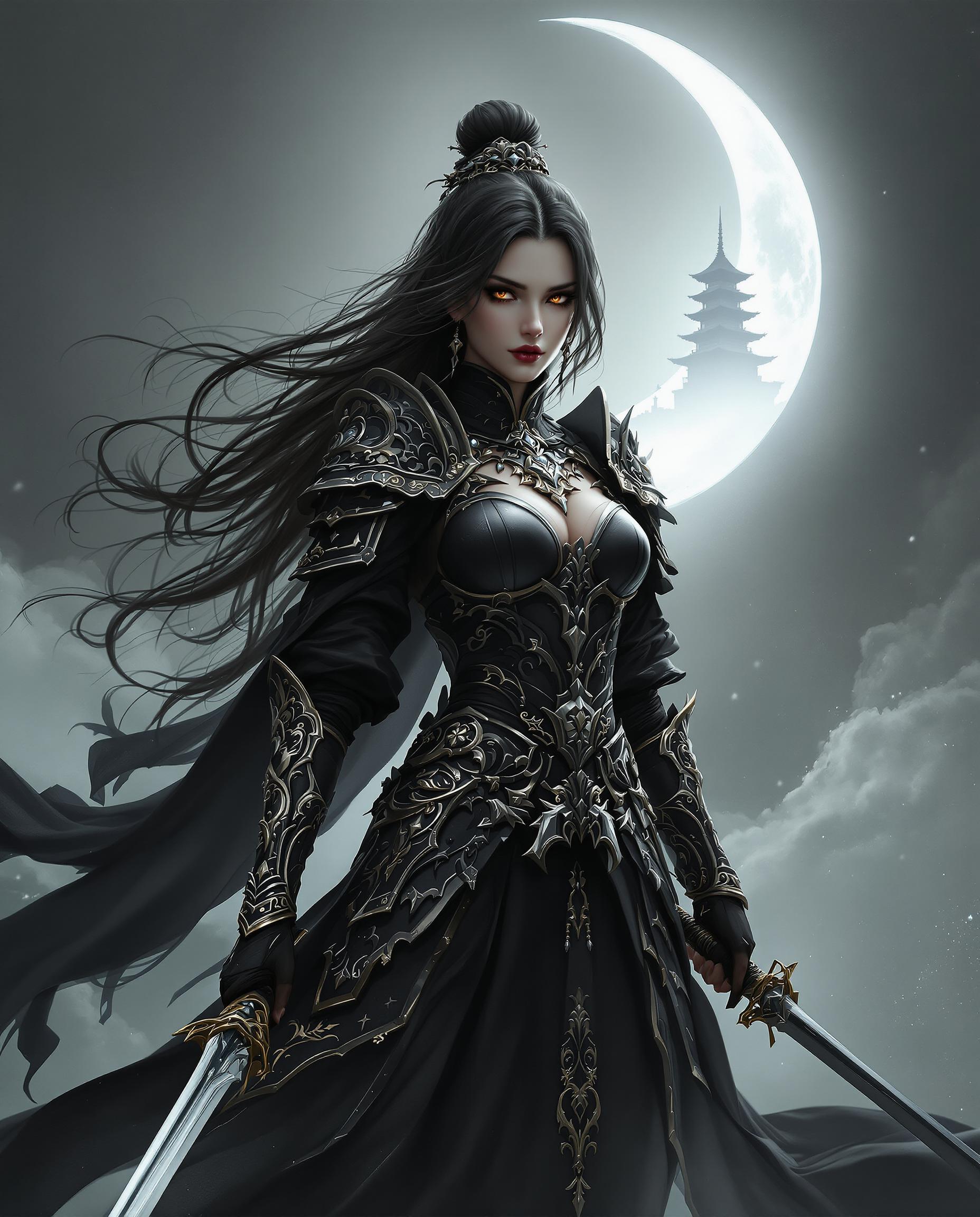 A highly detailed digital painting of a female warrior, blending fantasy and gothic elements, captured with photorealistic precision as if taken by a DSLR camera with a 50mm lens and shallow depth of field. She stands centered, clad in ornate, dark armor with intricate silver and gold embellishments, wielding two swords under the soft glow of a luminous crescent moon bearing an East Asian pagoda silhouette. The monochromatic palette of blacks and grays, contrasted by the moon's ethereal light, enhances the dramatic, mysterious mood, with her flowing, wavy hair and the dynamic composition adding elegance and depth in stunning 8K detail.
