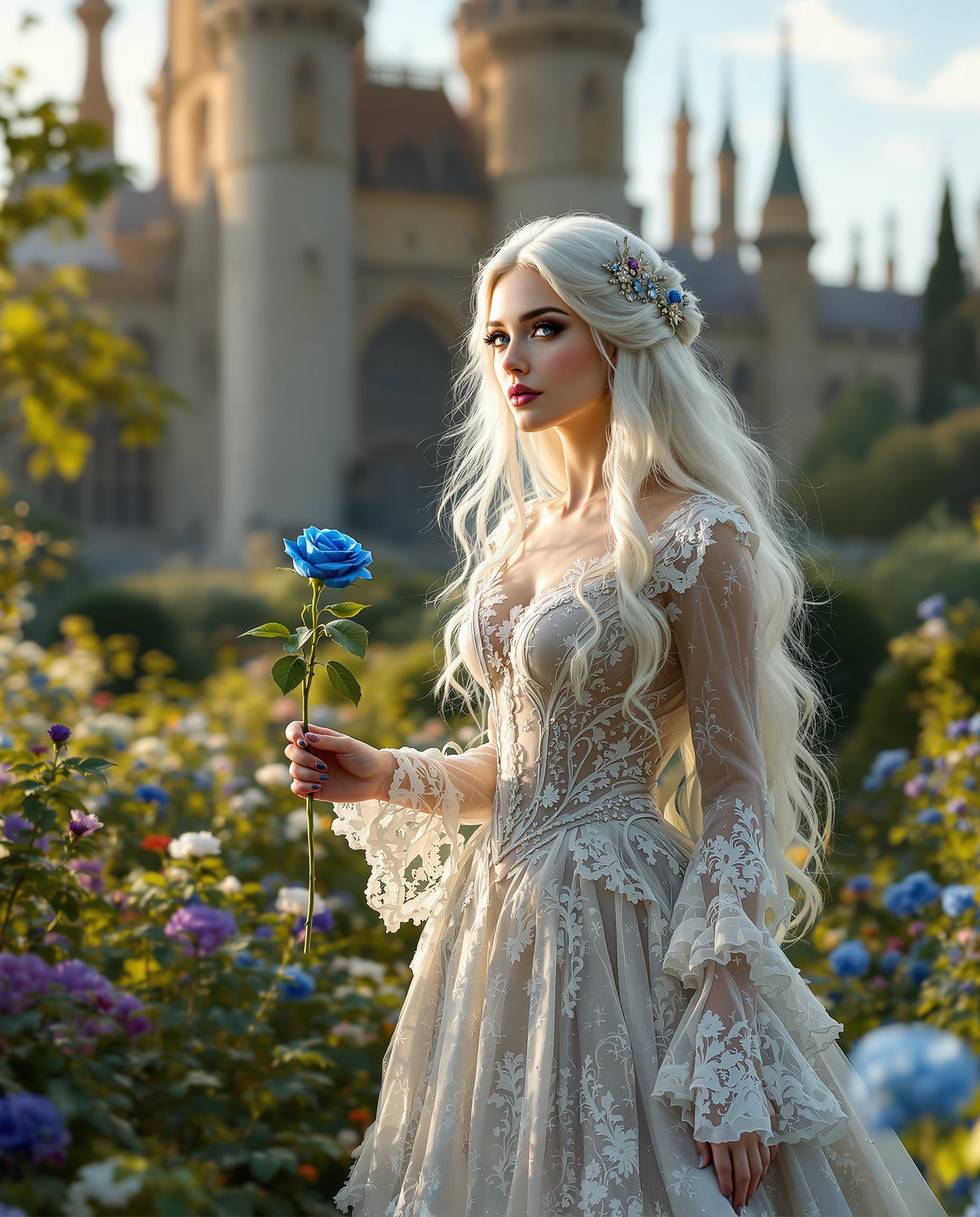 A striking woman with long, flowing white hair, dressed in an intricate Victorian gown with delicate lace details, gracefully holds a vibrant blue rose in her hand as she walks through a lush flower garden. Behind her looms a grand, gothic castle with towering spires, bathed in the soft golden light of late afternoon. The scene is captured as a photorealistic DSLR image, with a 50 mm lens, shallow depth of field, and cinematic 8K detail.