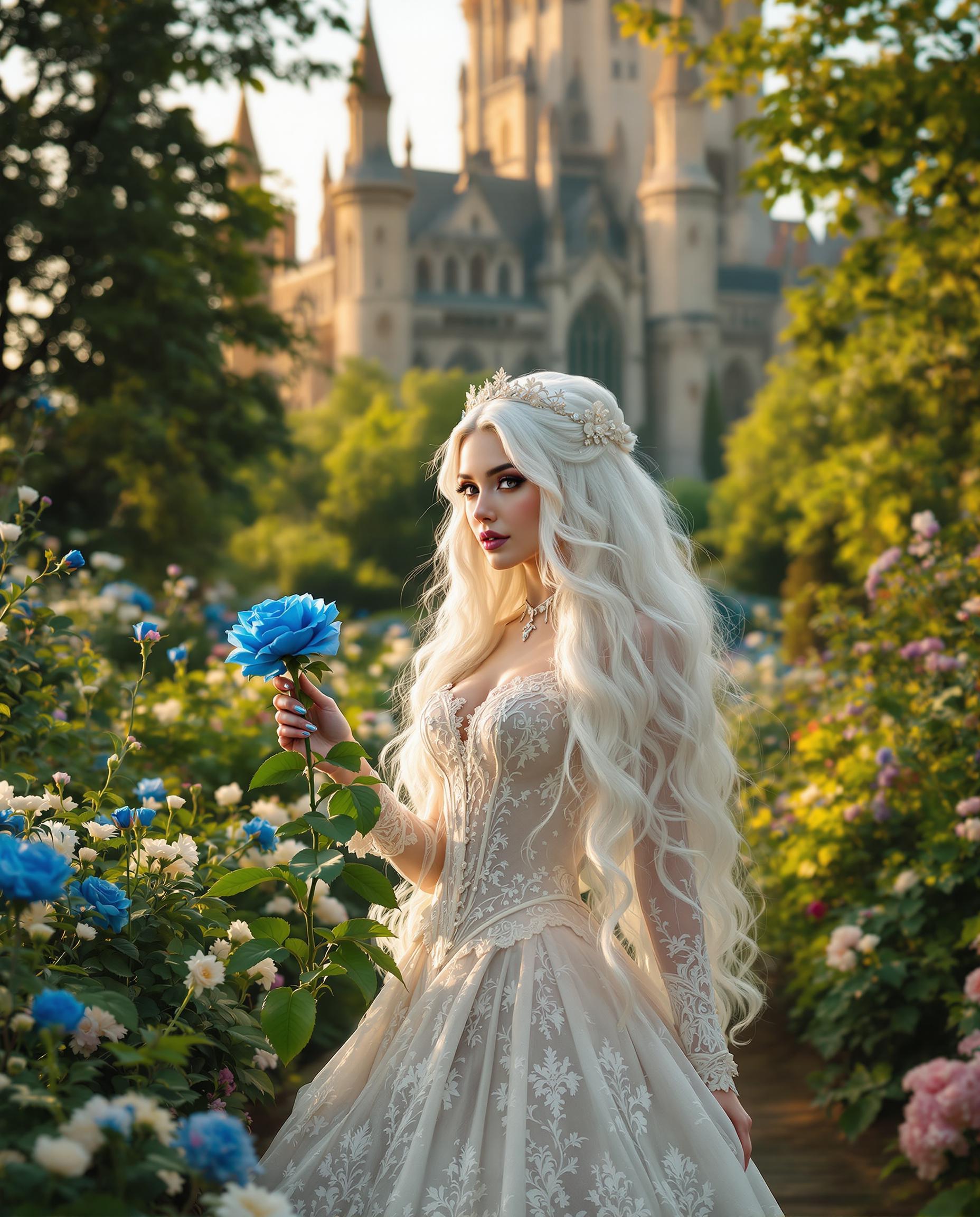 A striking woman with long, flowing white hair, dressed in an intricate Victorian gown with delicate lace details, gracefully holds a vibrant blue rose in her hand as she walks through a lush flower garden. Behind her looms a grand, gothic castle with towering spires, bathed in the soft golden light of late afternoon. The scene is captured as a photorealistic DSLR image, with a 50 mm lens, shallow depth of field, and cinematic 8K detail.