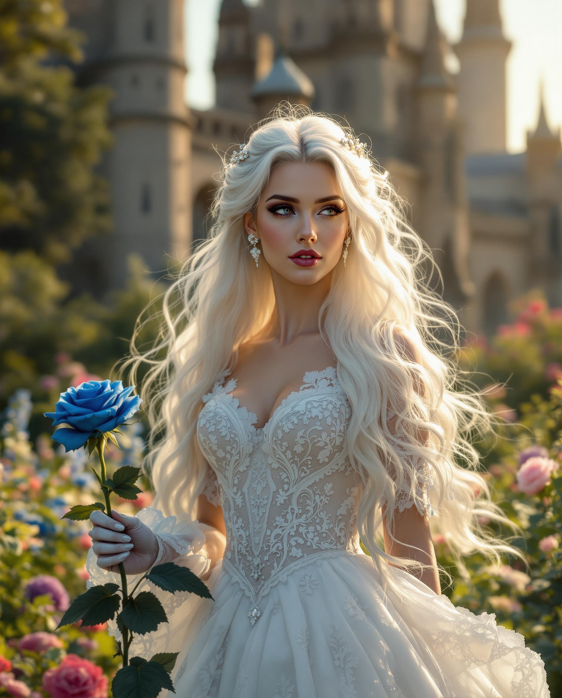 A striking woman with long, flowing white hair, dressed in an intricate Victorian gown with delicate lace details, gracefully holds a vibrant blue rose in her hand as she walks through a lush flower garden. Behind her looms a grand, gothic castle with towering spires, bathed in the soft golden light of late afternoon. The scene is captured as a photorealistic DSLR image, with a 50 mm lens, shallow depth of field, and cinematic 8K detail.