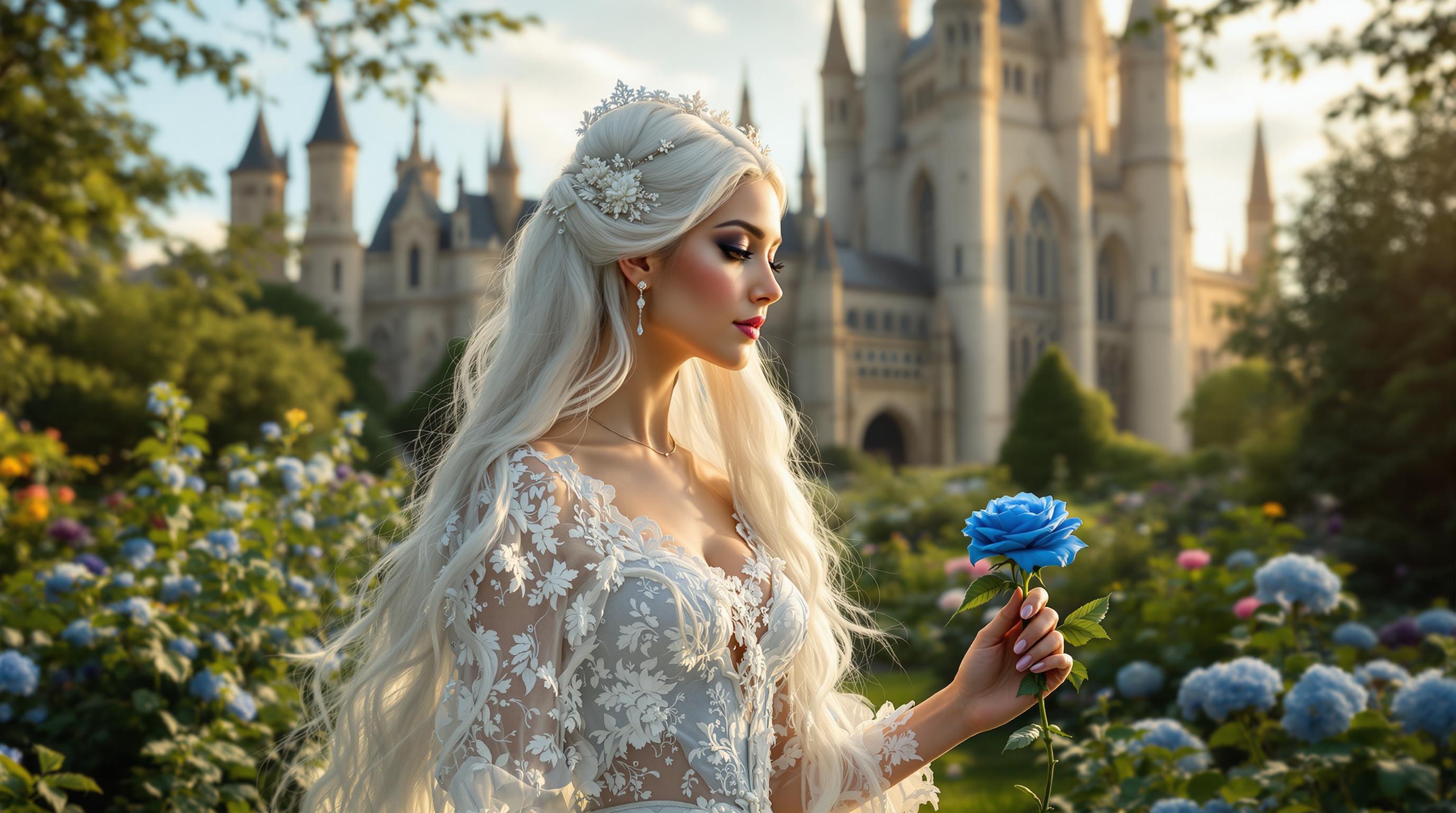 A striking woman with long, flowing white hair, dressed in an intricate Victorian gown with delicate lace details, gracefully holds a vibrant blue rose in her hand as she walks through a lush flower garden. Behind her looms a grand, gothic castle with towering spires, bathed in the soft golden light of late afternoon. The scene is captured as a photorealistic DSLR image, with a 50 mm lens, shallow depth of field, and cinematic 8K detail.