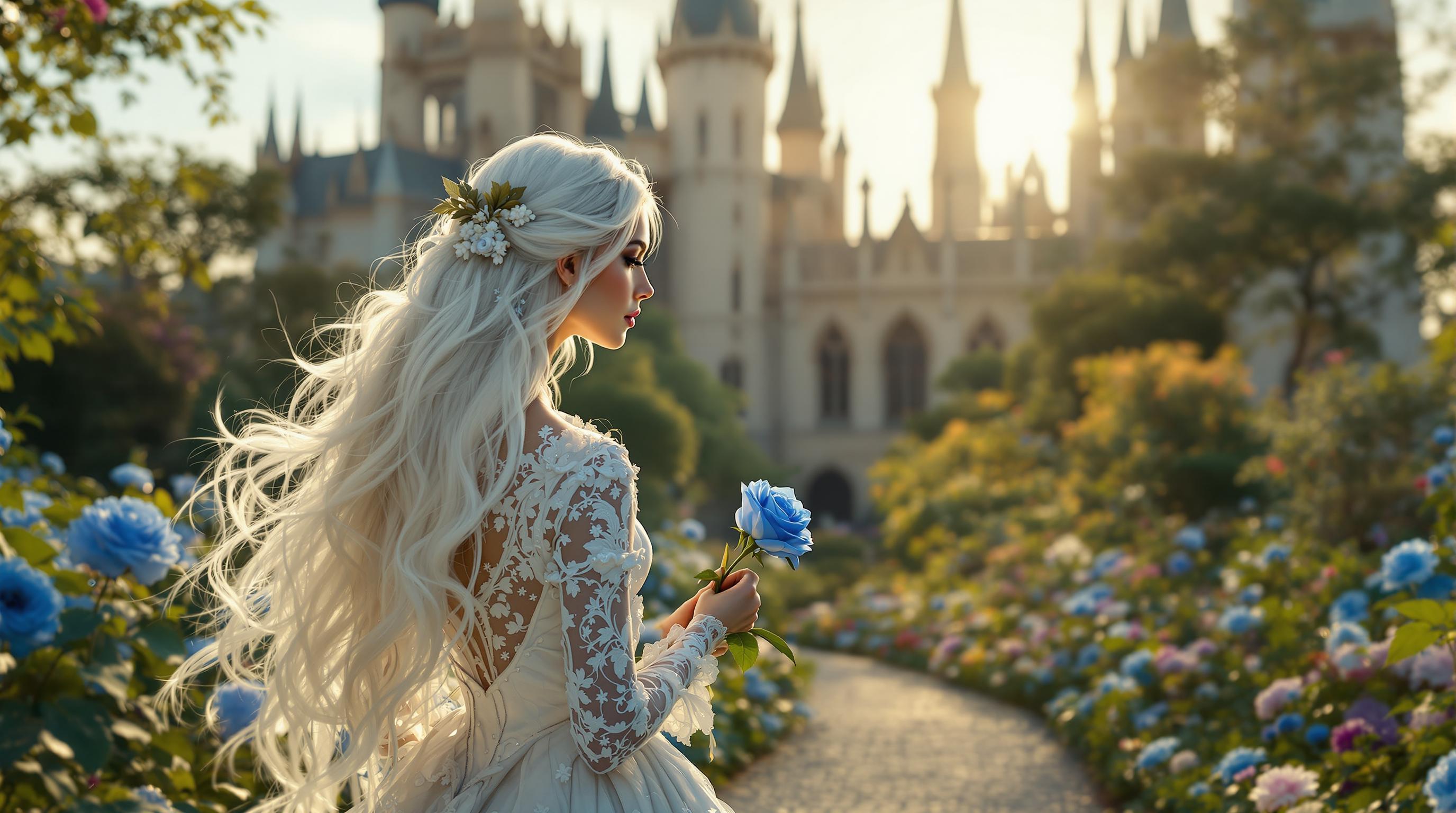 A striking woman with long, flowing white hair, dressed in an intricate Victorian gown with delicate lace details, gracefully holds a vibrant blue rose in her hand as she walks through a lush flower garden. Behind her looms a grand, gothic castle with towering spires, bathed in the soft golden light of late afternoon. The scene is captured as a photorealistic DSLR image, with a 50 mm lens, shallow depth of field, and cinematic 8K detail.