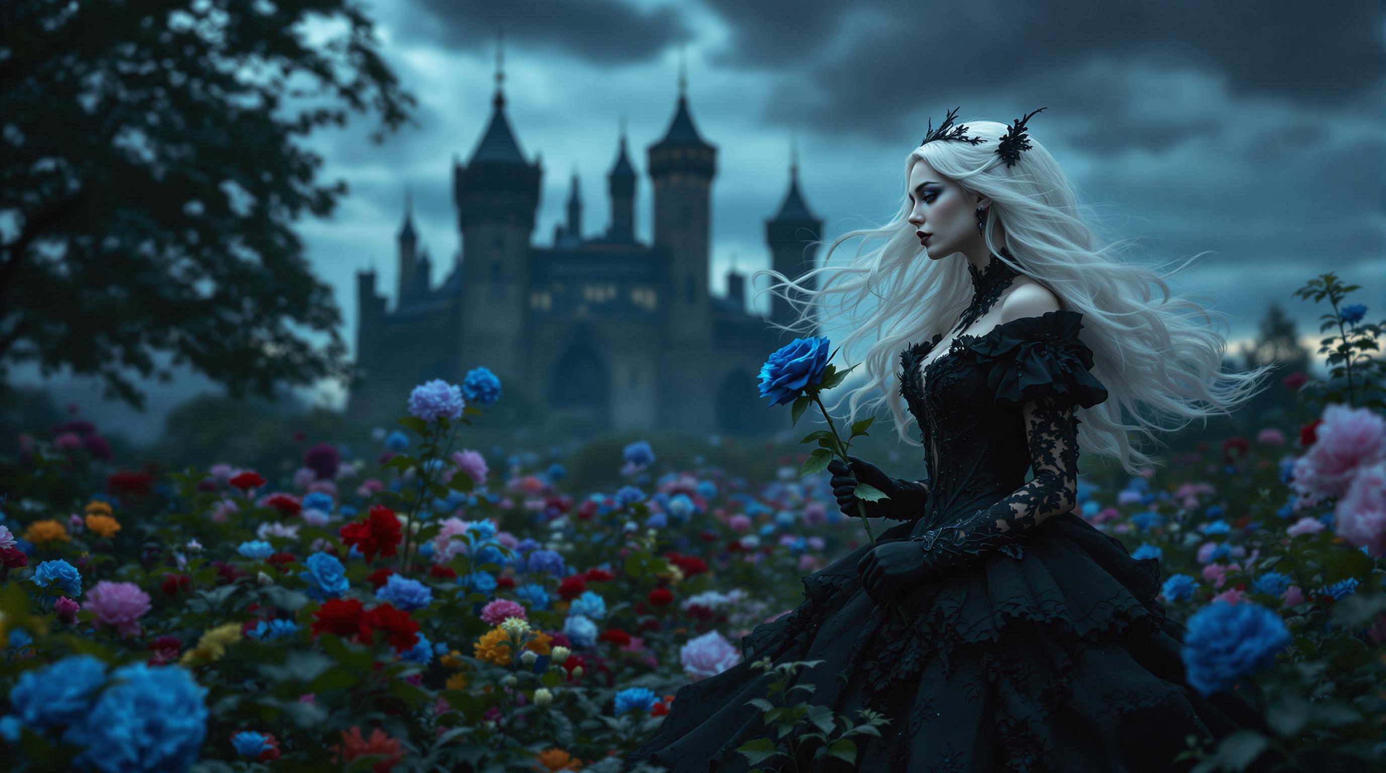 A strikingly beautiful woman with flowing white hair, dressed in an intricate black Victorian gown, embodies a dark gothic aesthetic as she walks gracefully through a vibrant flower garden at twilight. She holds a single, vivid blue rose, her pale skin contrasting with the deep, moody tones of her attire. Behind her looms a grand, ominous castle silhouetted against a stormy sky, captured in a cinematic DSLR photo with a 50mm lens, shallow depth of field, and 8K detail.