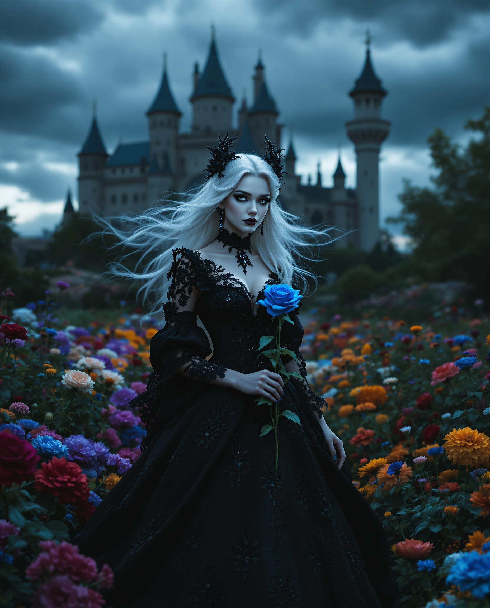 A strikingly beautiful woman with a baby face with flowing white hair, dressed in an intricate black Victorian gown, embodies a dark gothic aesthetic as she walks gracefully through a vibrant flower garden at twilight. She holds a single, vivid blue rose, her pale skin contrasting with the deep, moody tones of her attire. Behind her looms a grand, ominous castle silhouetted against a stormy sky, captured in a cinematic DSLR photo with a 50mm lens, shallow depth of field, and 8K detail.