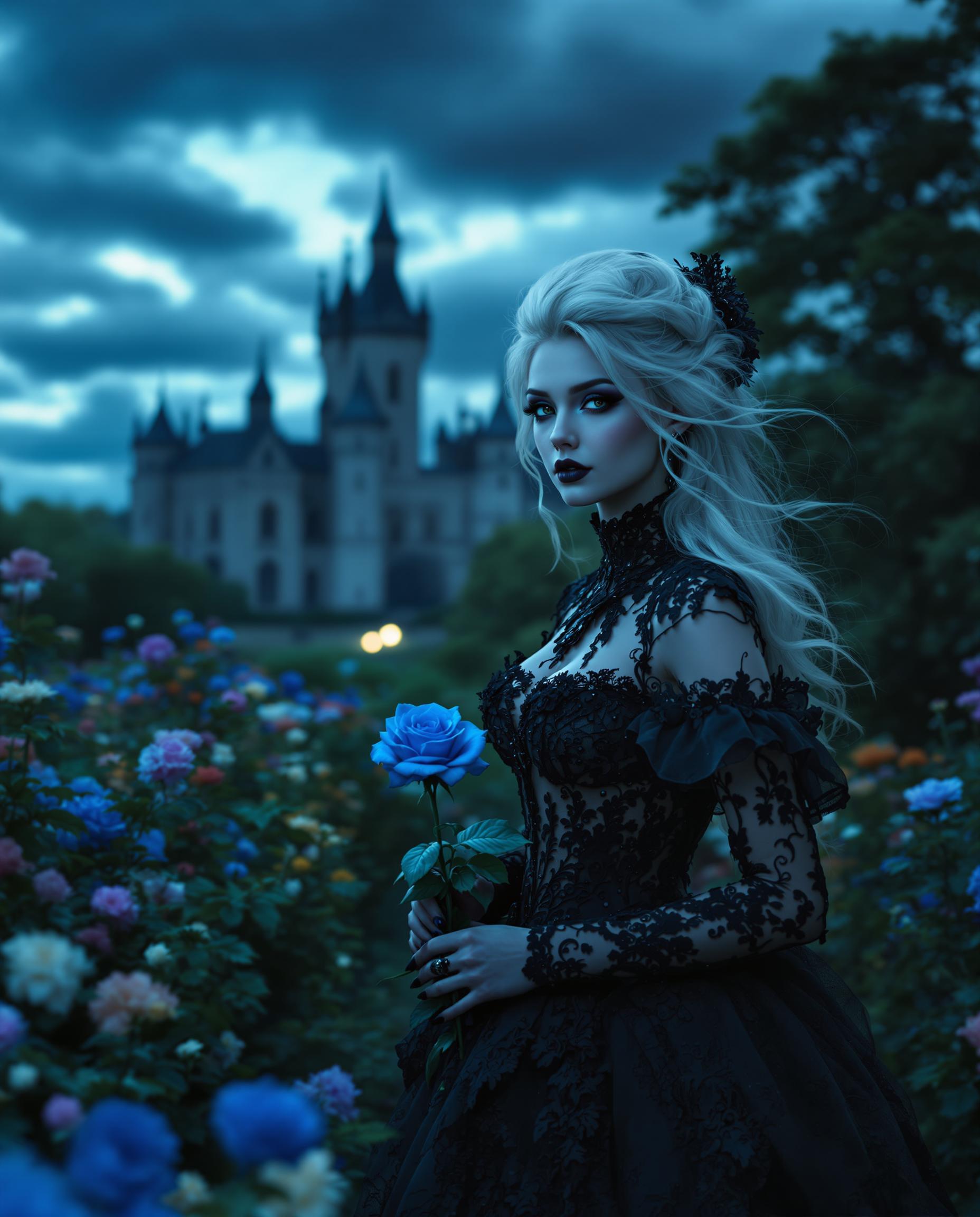 A strikingly close-up beautiful woman with a baby face with flowing white hair, dressed in an intricate black Victorian gown, embodies a dark gothic aesthetic as she walks gracefully through a vibrant flower garden at twilight. She holds a single, vivid blue rose, her pale skin contrasting with the deep, moody tones of her attire. Behind her looms a grand, ominous castle silhouetted against a stormy sky, captured in a cinematic DSLR photo with a 50mm lens, shallow depth of field, and 8K detail.