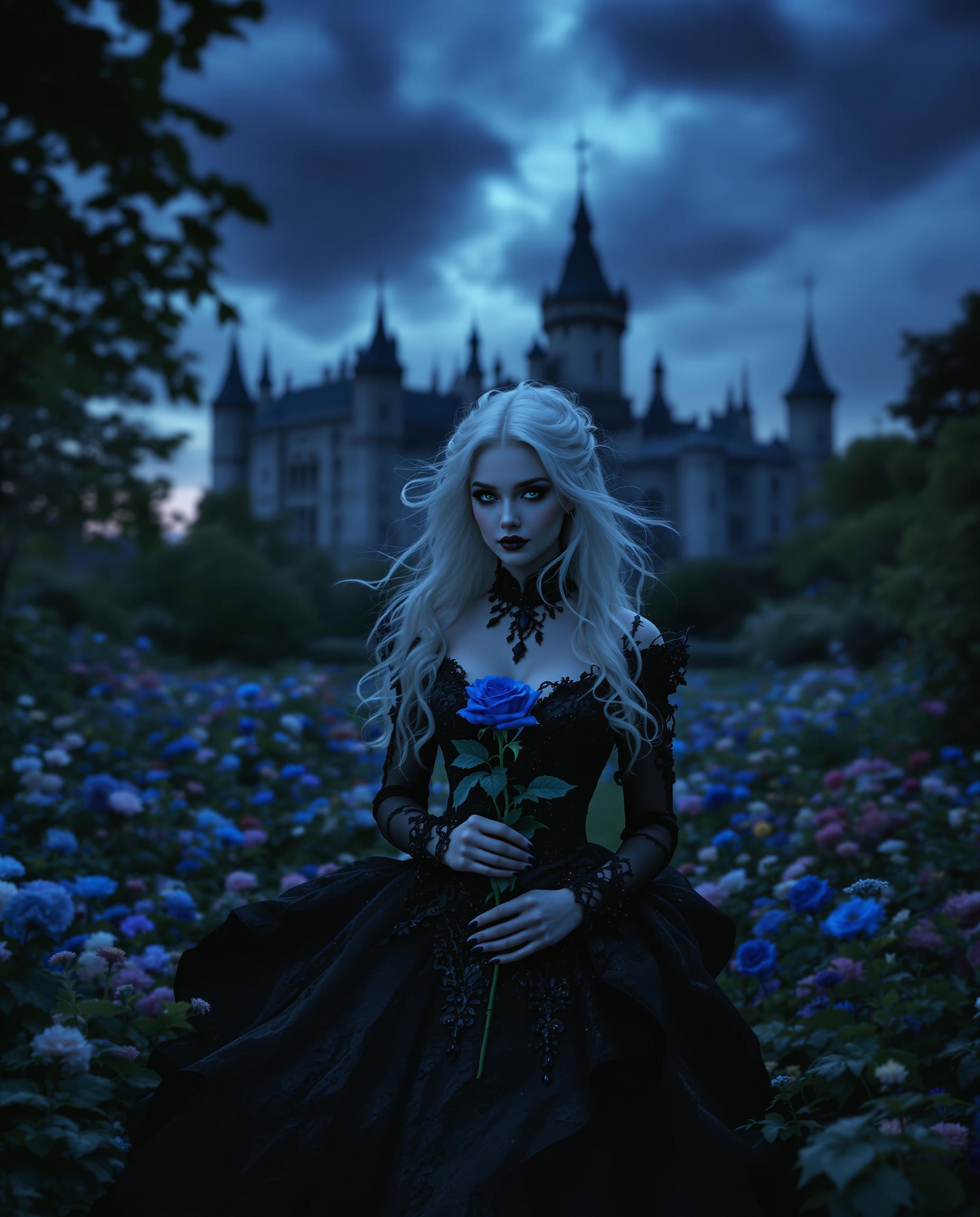 A strikingly close-up beautiful woman with a baby face with flowing white hair, dressed in an intricate black Victorian gown, embodies a dark gothic aesthetic as she walks gracefully through a vibrant flower garden at twilight. She holds a single, vivid blue rose, her pale skin contrasting with the deep, moody tones of her attire. Behind her looms a grand, ominous castle silhouetted against a stormy sky, captured in a cinematic DSLR photo with a 50mm lens, shallow depth of field, and 8K detail.