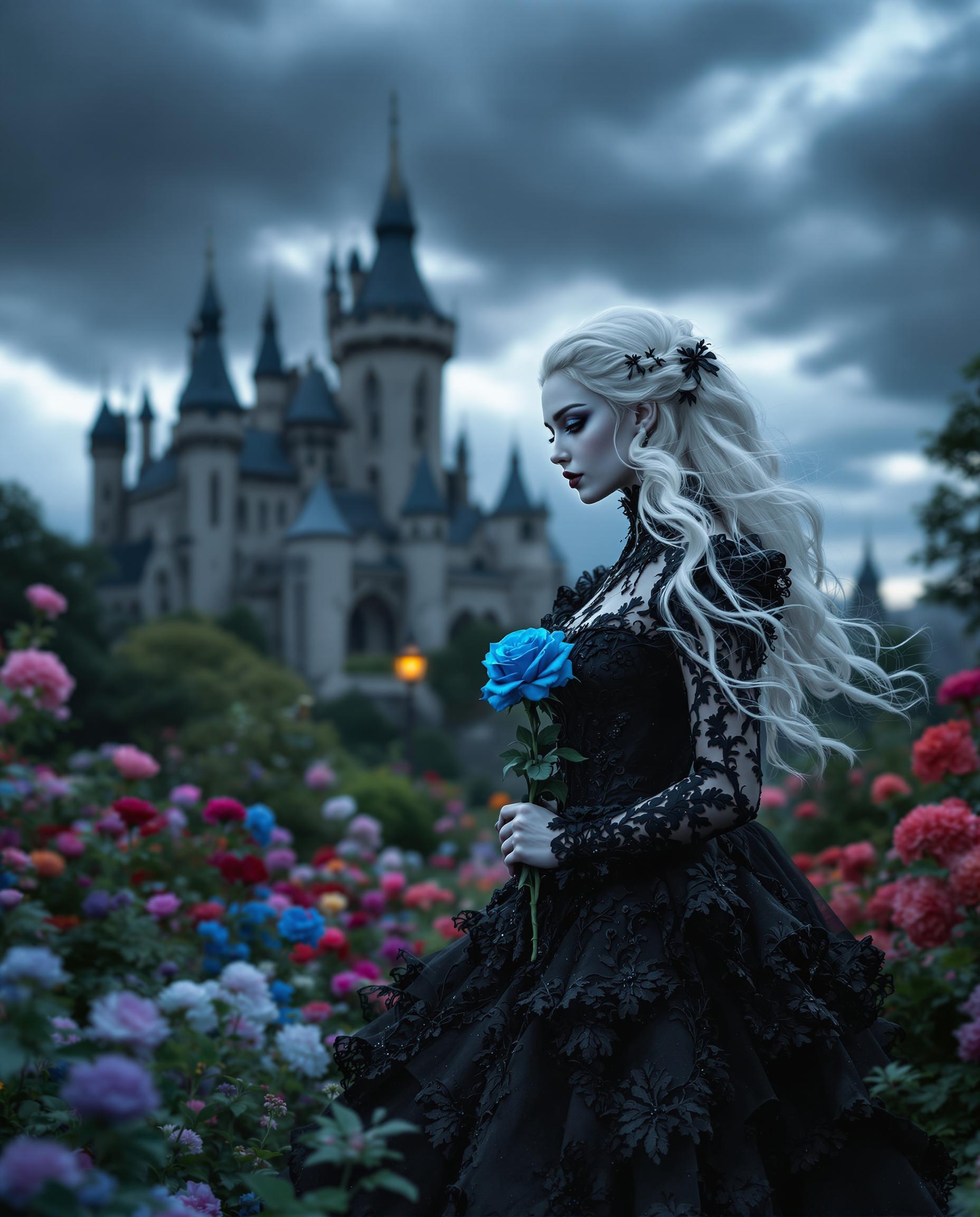 A strikingly close-up beautiful woman with a baby face with flowing white hair, dressed in an intricate black Victorian gown, embodies a dark gothic aesthetic as she walks gracefully through a vibrant flower garden at twilight. She holds a single, vivid blue rose, her pale skin contrasting with the deep, moody tones of her attire. Behind her looms a grand, ominous castle silhouetted against a stormy sky, captured in a cinematic DSLR photo with a 50mm lens, shallow depth of field, and 8K detail.