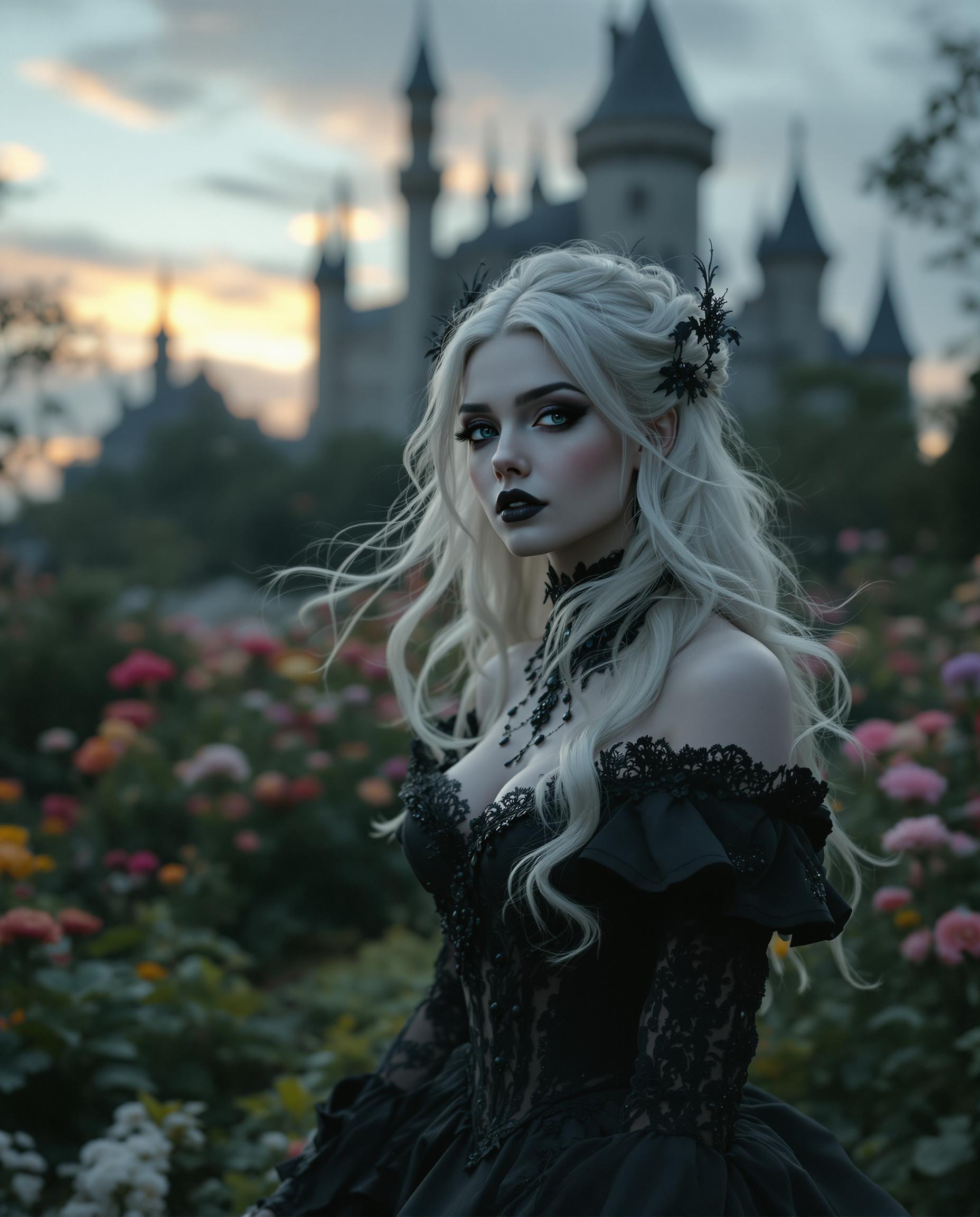 A strikingly beautiful woman with a delicate baby face and flowing white hair is captured in a very close-up shot, her intricate black Victorian gown exuding a dark gothic aesthetic. She walks gracefully through a vibrant flower garden at twilight, the soft, ethereal light casting a mysterious glow on her porcelain skin, with a grand, shadowy castle looming in the background. The scene is rendered in stunning detail, with a cinematic 8K resolution and a shallow depth of field.