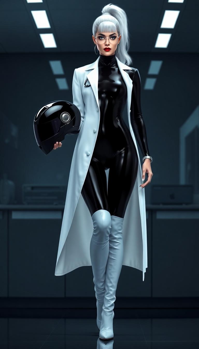 her ebony-black latex bodysuit gleaming under the lab lights. It was cut in a sleek, almost predatory fashion, mirroring the Cobra emblem on Lyra’s own chest, but with a more refined, almost minimalist elegance. Tall, high-heeled latex boots extended from beneath her long, pristine white lab coat, which was tailored to perfection, lending an air of clinical authority over her formidable attire. Her build was slender but strong, carrying itself with an inherent grace that belied her scientific focus. Her ice-gray eyes, sharp as surgical steel and deeply intelligent, were framed by delicate, silver-rimmed glasses perched on her aquiline nose. Her platinum silver hair, pulled into a precise high ponytail, swayed slightly as she turned, a stark contrast to the dark, gleaming material she wore. Her lips, naturally full, were painted a deep, matte crimson, a single, bold splash of color in her otherwise monochromatic ensemble. She held the neural helmet, a sleek, predatory device crafted from dark, polished chrome. Its high crest formed the flaring hood of a cobra, and its interior was lined with a glistening, black latex hood lining that seemed to shimmer with an unsettling life of its own