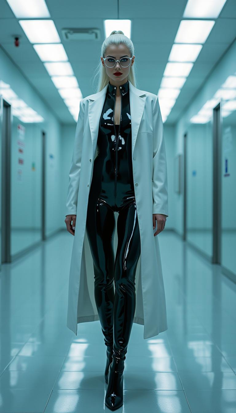 In a high-tech laboratory, a striking woman stands under harsh, clinical fluorescent lighting, her ebony-black latex bodysuit gleaming with a predatory sheen, reflecting the minimalist Cobra emblem on her chest. Her tall, high-heeled latex boots emerge from beneath a pristine, tailored white lab coat, exuding clinical authority, while her slender, graceful frame, sharp ice-gray eyes behind silver-rimmed glasses, platinum silver hair in a high ponytail, and deep crimson lips radiate piercing intelligence its black latex lining shimmering unsettlingly in the sterile, cold light, captured in a hyper-detailed 8K DSLR photo with cinematic depth.