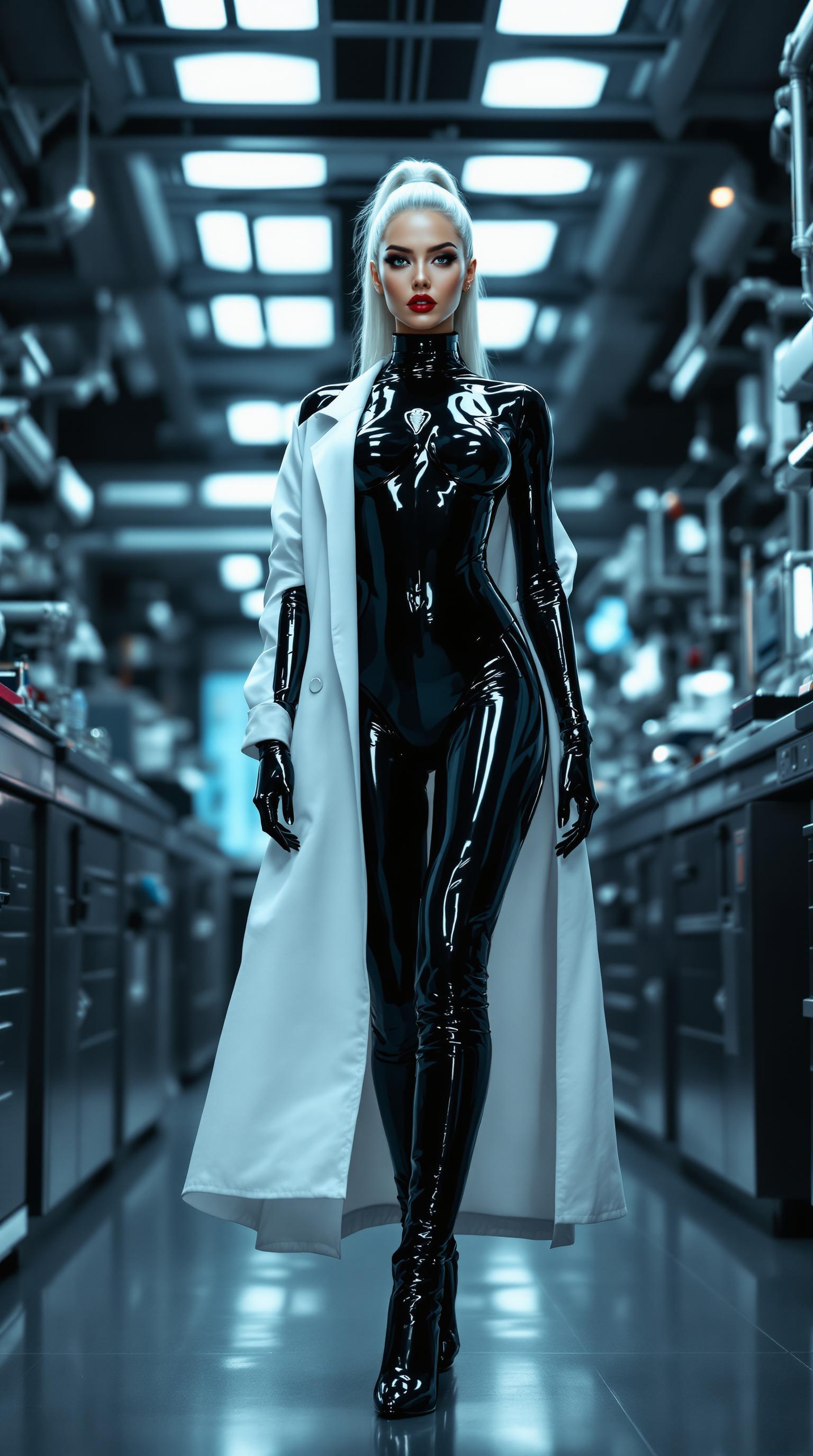 In a high-tech laboratory, a striking woman stands under harsh, clinical fluorescent lighting, her ebony-black latex bodysuit gleaming with a predatory sheen, reflecting the minimalist Cobra emblem on her chest. Her tall, high-heeled latex boots emerge from beneath a pristine, tailored white lab coat, exuding clinical authority, while her slender, graceful frame, sharp ice-gray eyes behind silver-rimmed glasses, platinum silver hair in a high ponytail, and deep crimson lips radiate piercing intelligence its black latex lining shimmering unsettlingly in the sterile, cold light, captured in a hyper-detailed 8K DSLR photo with cinematic depth.