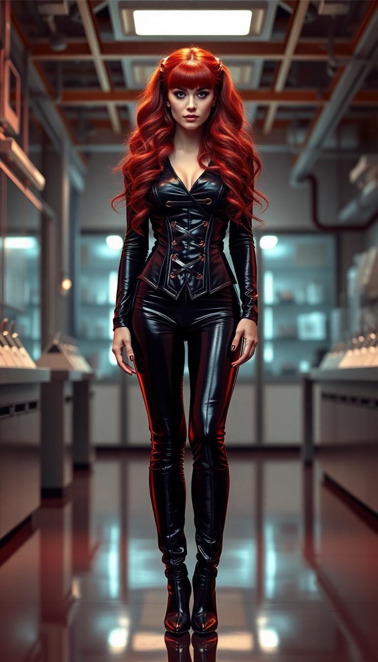 A skintight shiny ebony-black latex bodysuit with corset and straps. Long crimson hair held in a heavy cascade of curls and waves spilling down her back with straight bangs. Skintight, Tall thigh high boots with 6-inch stiletto heels. An ebony black shiny latex victorian era style waistcoat. Standing in a high tech lab