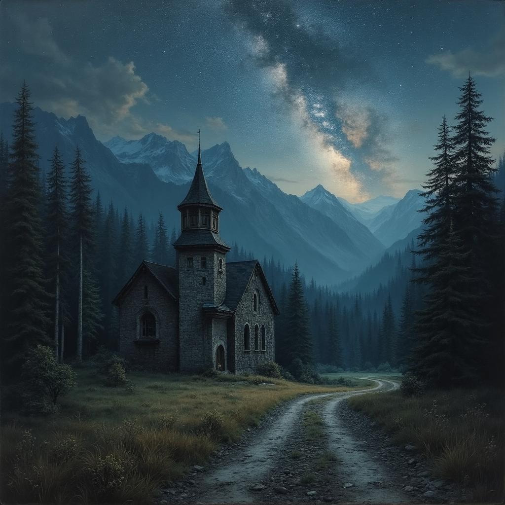 a dark moody painting of an ancient, crumbling church, on the edge of a large forest, with mountains in the background with the milky way in a dark sk y