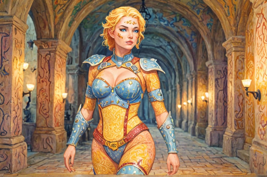 a female warrior in a castle corridor
