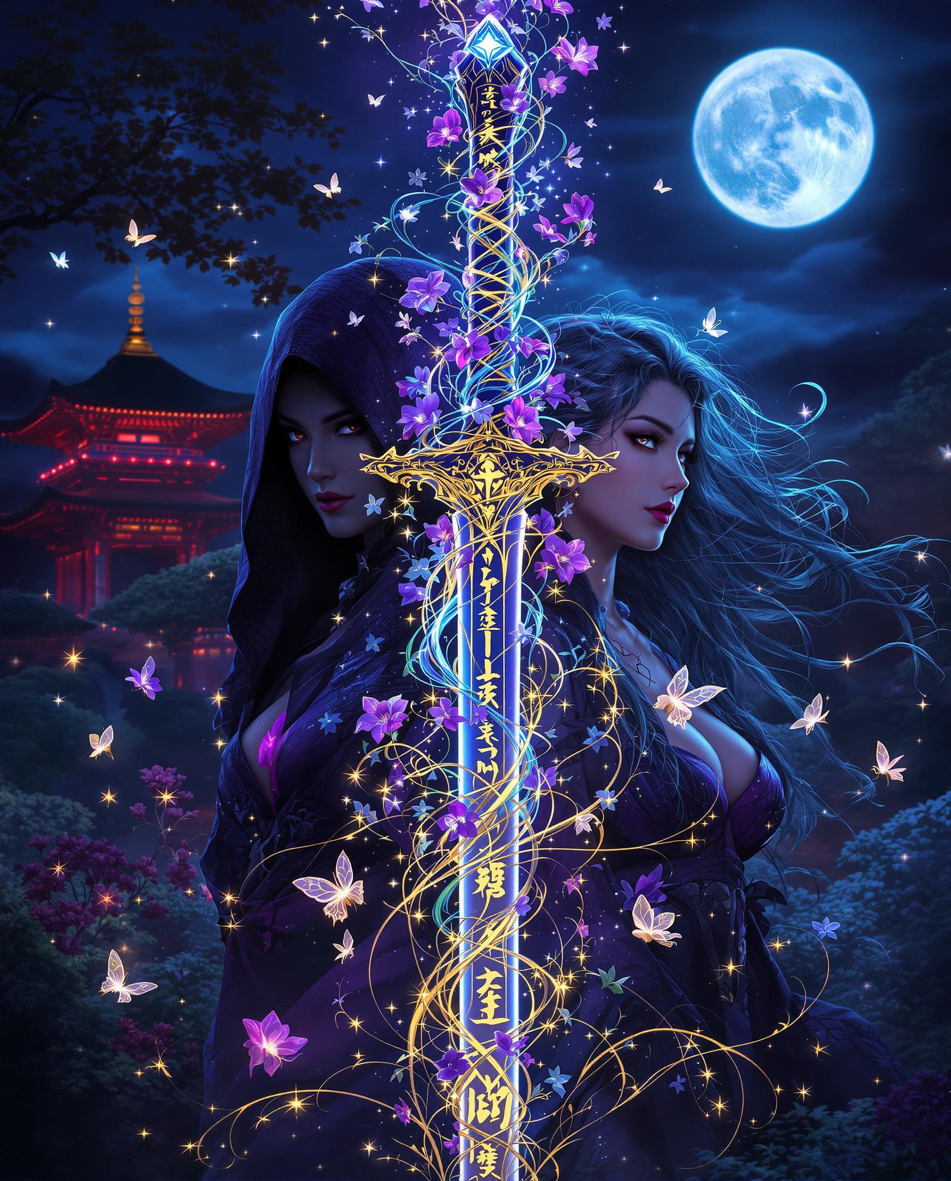 This is a stunning high-resolution digital painting of two enigmatic female figures in a mystical night scene, rendered with photorealistic detail, intricate line work, and vibrant yet moody colors of deep purples, blues, and blacks. A glowing sword, entwined with shimmering flowers and vines, bisects the composition, its hilt adorned with arcane symbols, while the figures—one cloaked in shadow with a determined gaze, the other serene with flowing hair adorned by butterflies—stand on either side, framed by a traditional Japanese pagoda under a full moon, with warm illumination contrasting the cool, magical sparkle of ethereal lights. The interplay of cinematic lighting and shadow adds profound depth, enhancing the fantastical connection between the warriors and nature.